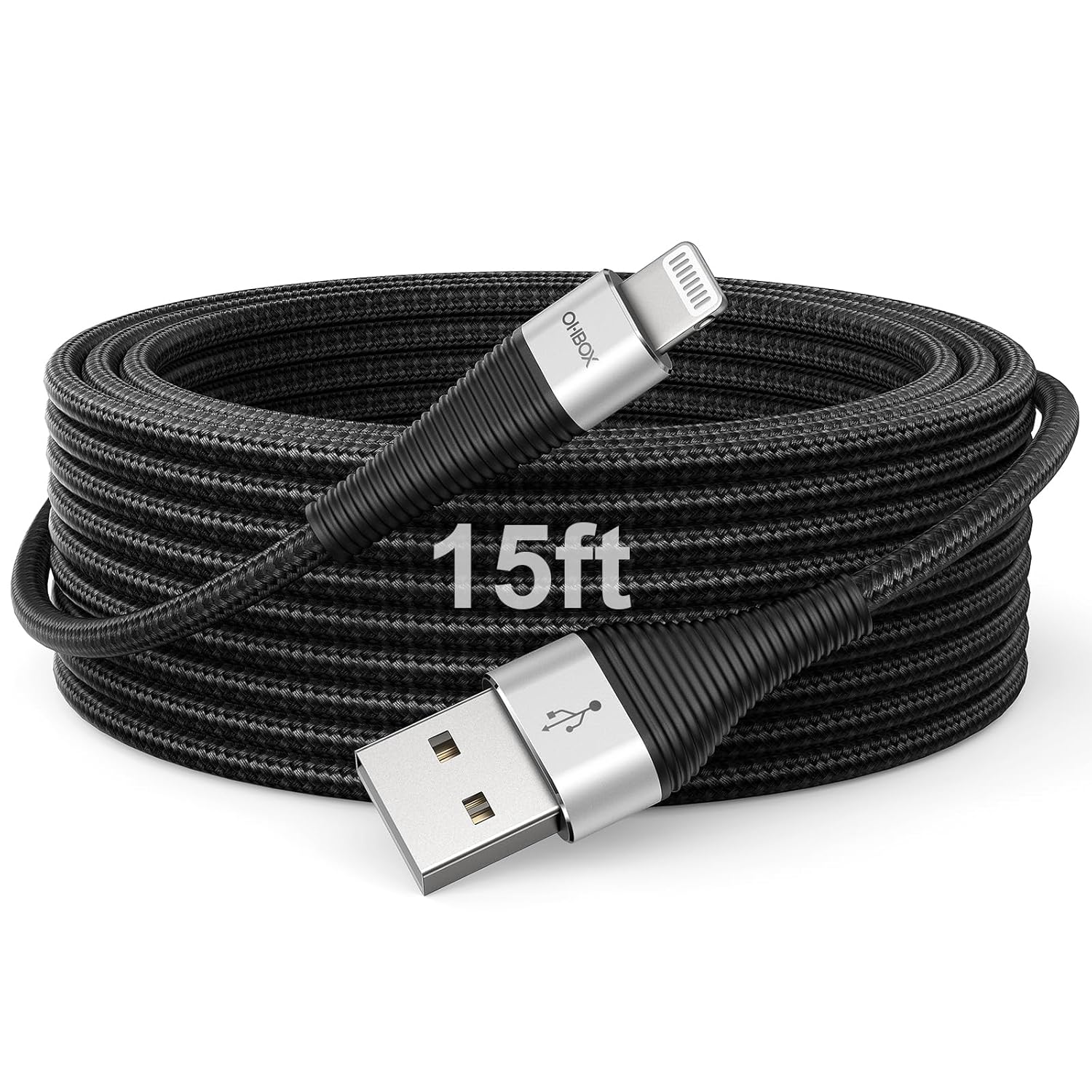 Cable de carga extra largo para iPhone de 15 pies, cable USB A a Lightning certificado MFi de Apple, cable trenzado de carga rápida compatible con