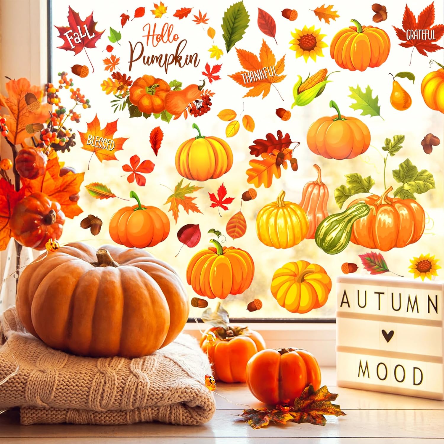 HOWAF Decoraciones de calabaza de Acción de Gracias, 9 hojas de calcomanías de ventana de doble cara de Hello Pumpkin para otoño, cosecha de Acción