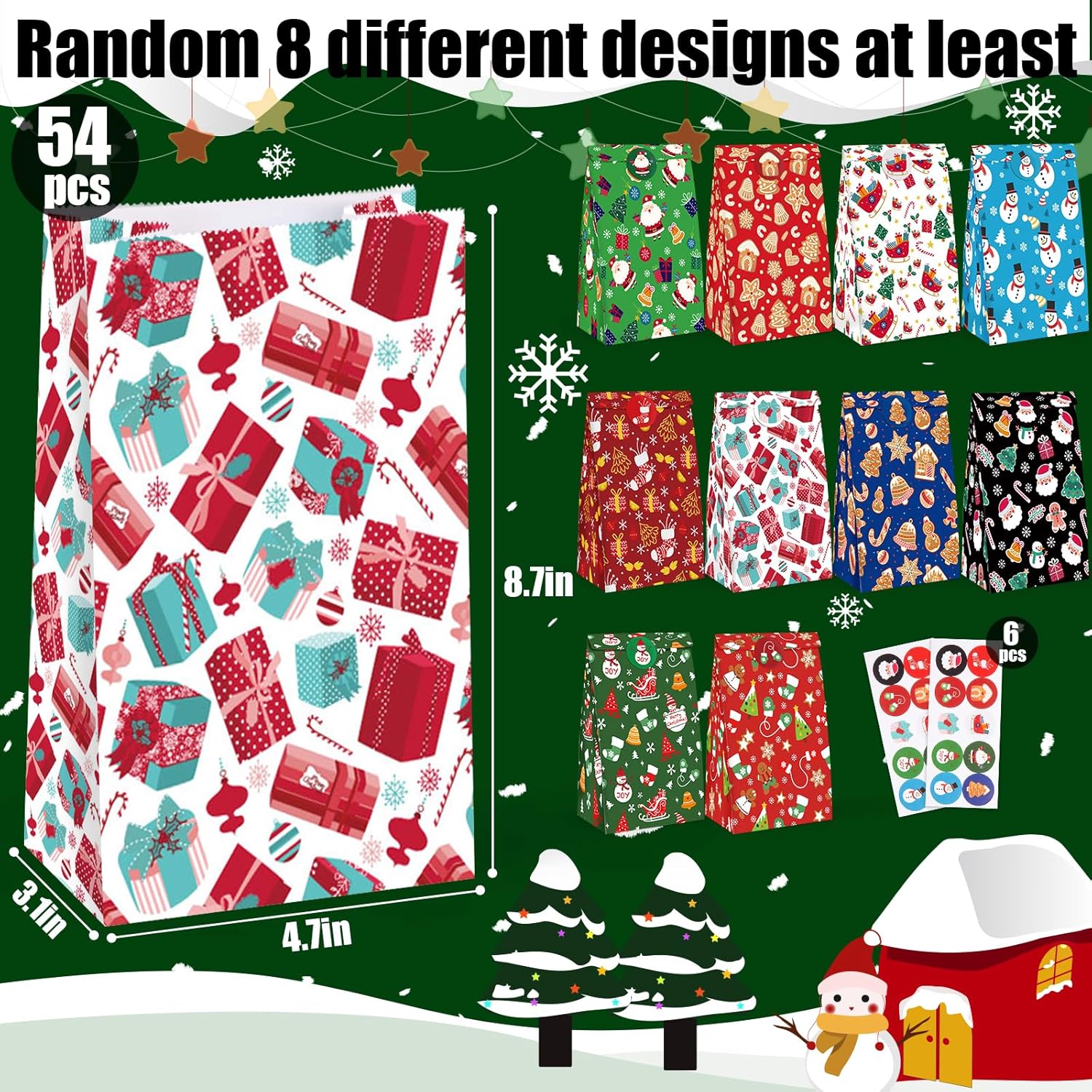 JOHOUSE 54 bolsas de regalos de Navidad, bolsas de regalo de Navidad con calcomanías de sellado, bolsas de regalo de Navidad para galletas,