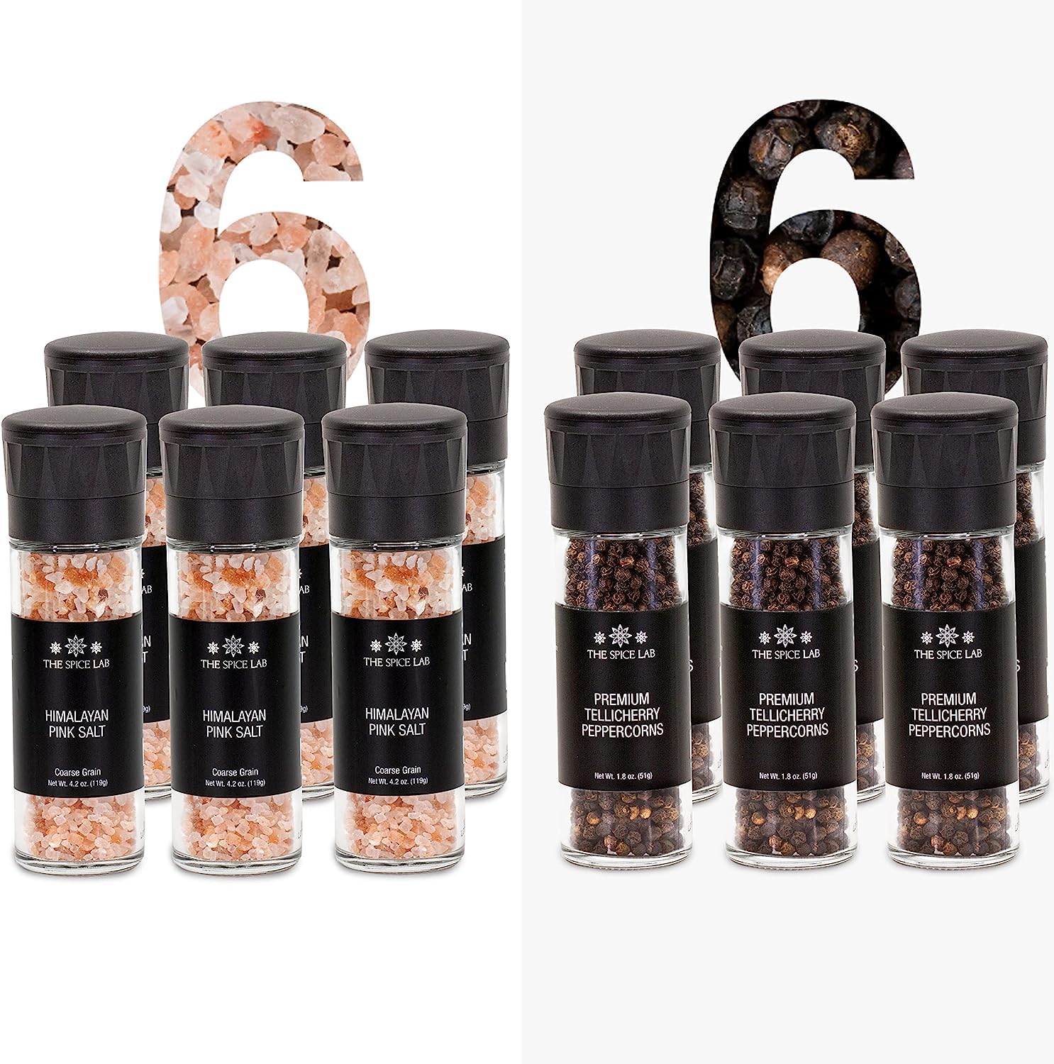 The Spice Lab Juego de molinillo de sal rosa del Himalaya y granos enteros de pimienta Tellicherry  Descubre el exquisito sabor de la sal rosa del