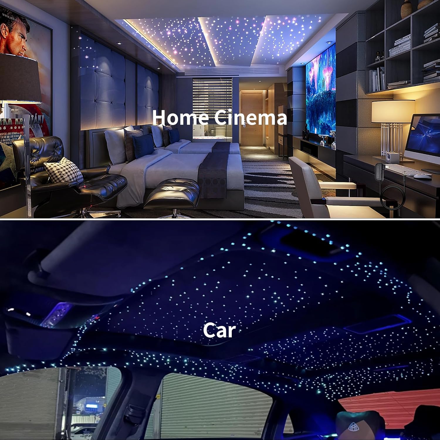 Kit de luces de fibra óptica, luces de cielo de techo de estrella de 10 W, RGBW parpadeantes y efecto de música para el hogar y el automóvil, luz de