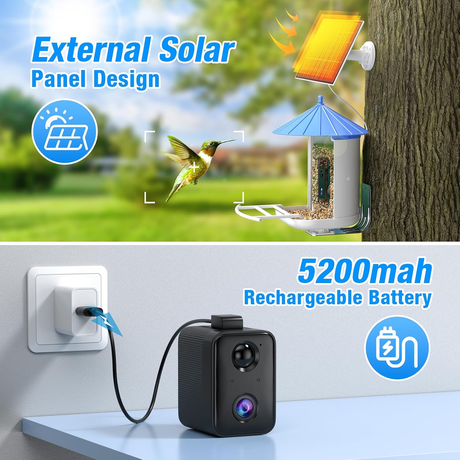 Farmice Comedero para pájaros con cámara, Cámara alimentadora de pájaros con panel solar, captura automática videos de aves y notificación, AI