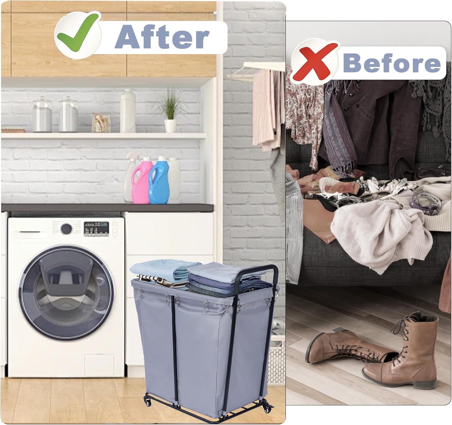 2 Section Laundry Cart Rolling Laundry Sorter 240L Large Laundry Basket with Wheels Heavy Duty Laundry Separator Hamper with Removable Oxford Bags