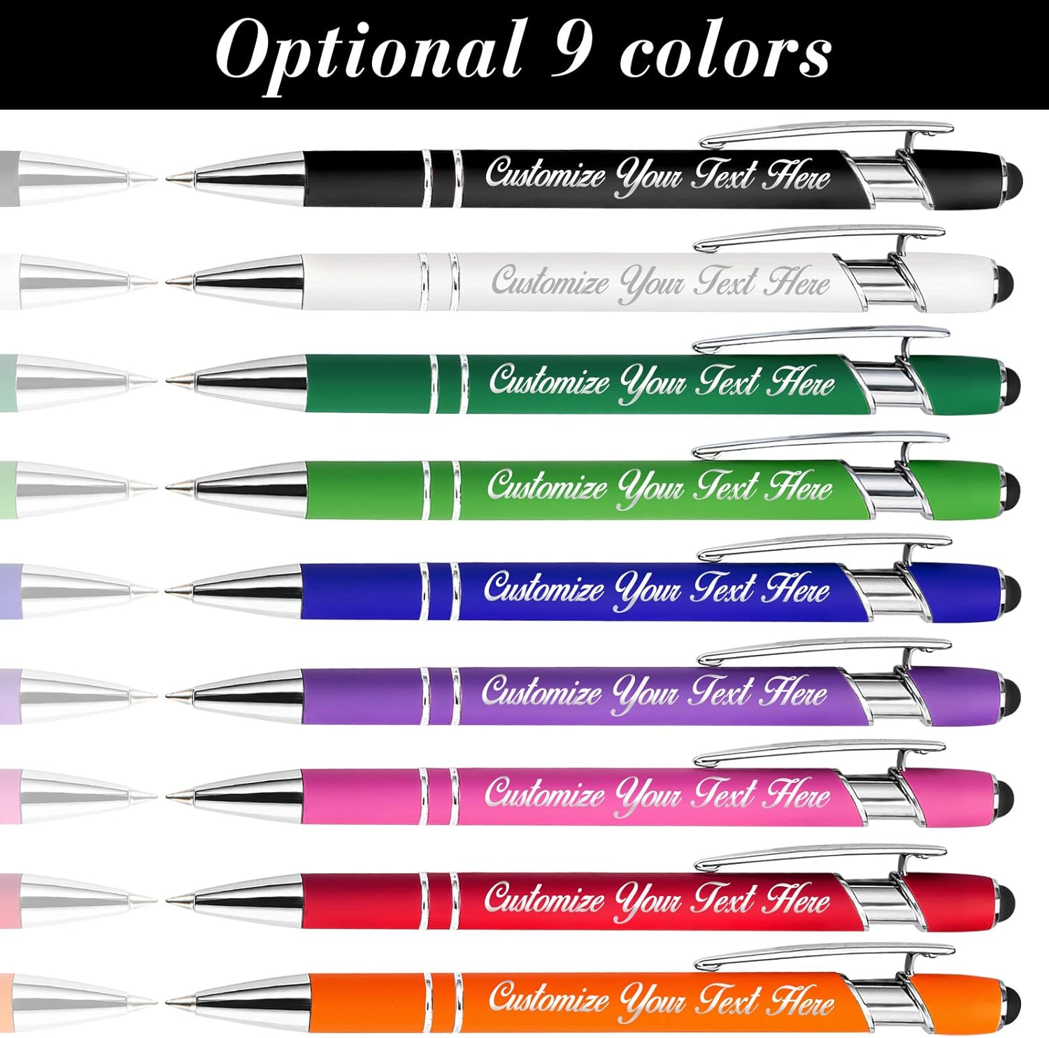 Bolígrafos personalizados con punta de lápiz capacitivo, 12 bolígrafos de grabado personalizado, bolígrafo de tacto suave, nombre impreso, tinta