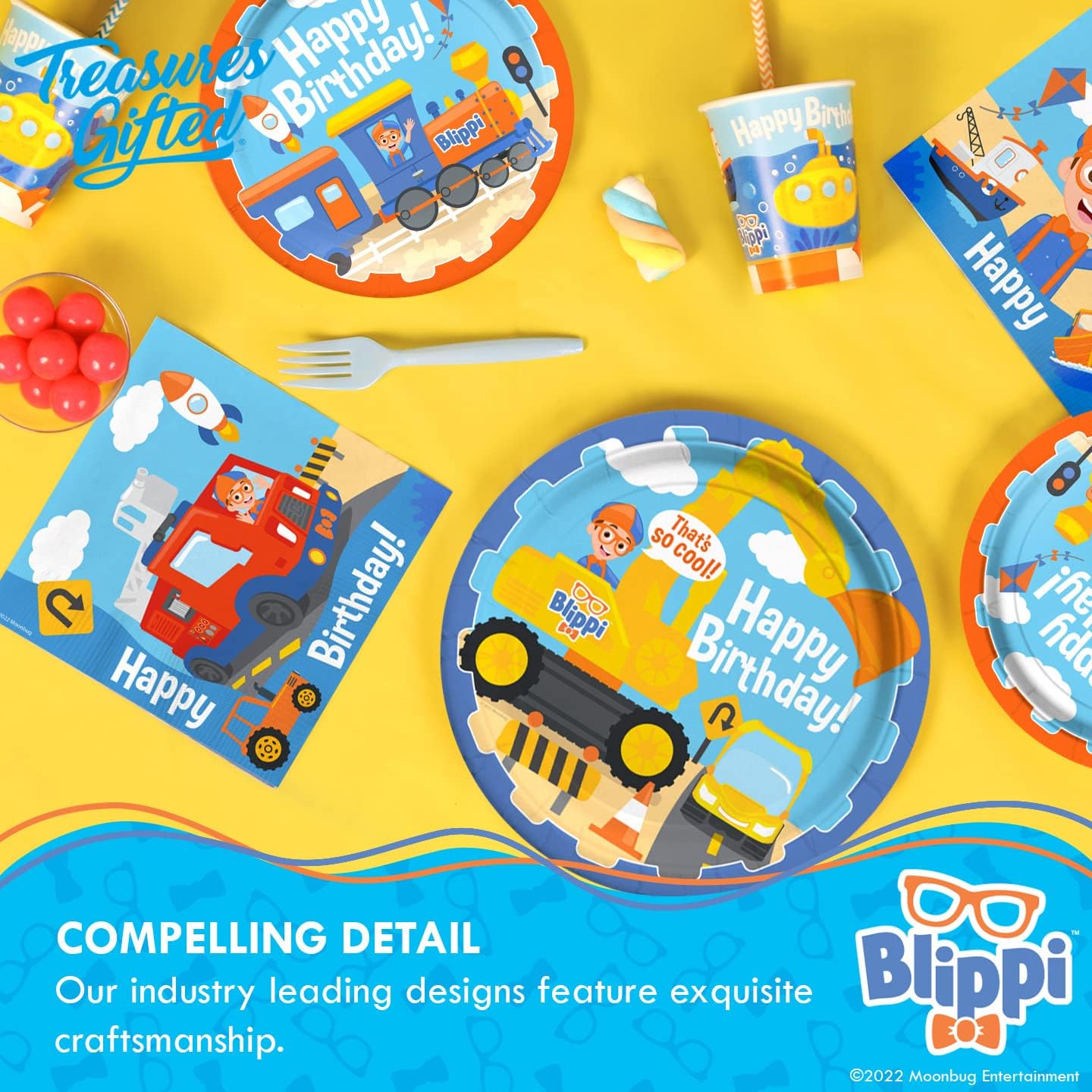 Treasures Gifted Suministros de fiesta de cumpleaños con licencia oficial de Blippi, paquete de 48 servilletas Blippi, suministros para fiesta de