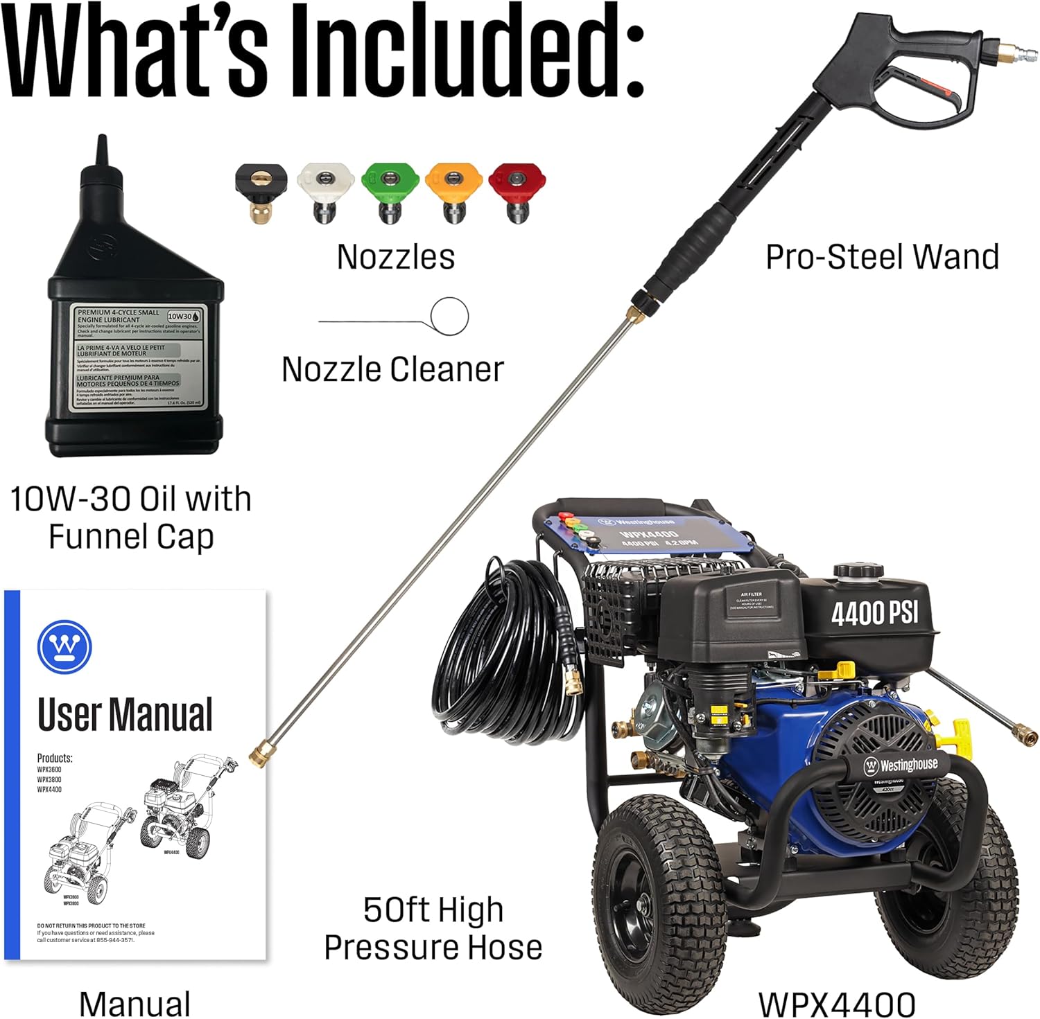 Westinghouse WPX4400 Lavadora a presión de gas, 4400 PSI y 4.2 GPM máximo, pistola rociadora y varita, juego de 5 boquillas, para
