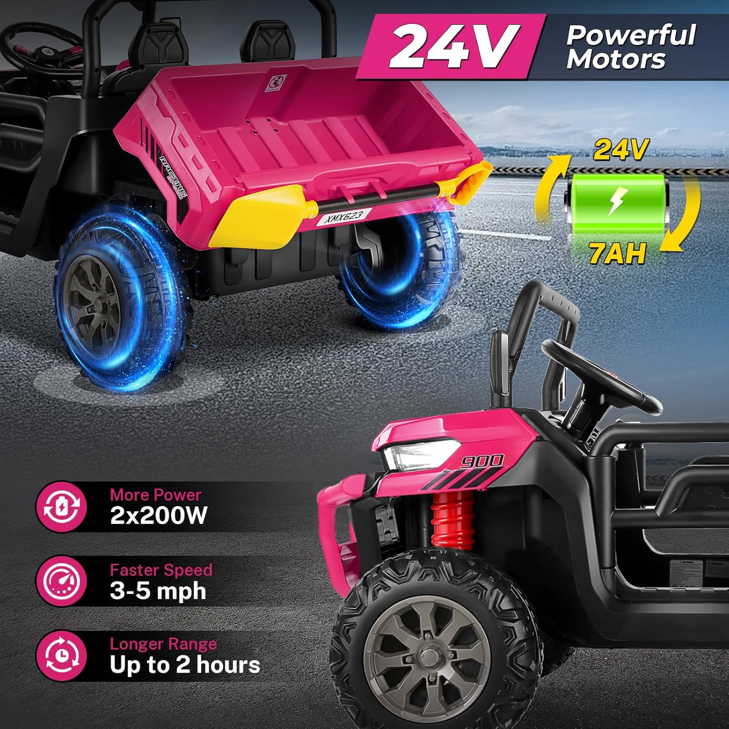 Hikole Camión volquete de 24 V, UTV infantil de 2 plazas con cama eléctrica de volquete, control remoto, reproductor de música, potente motor de 2 x
