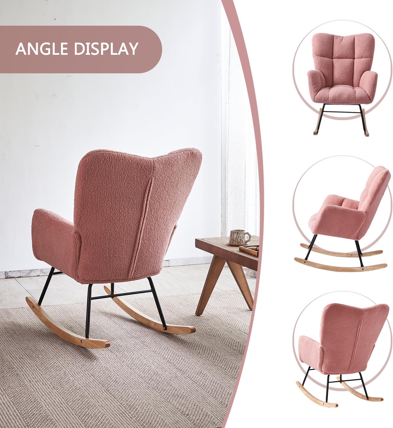Mecedora de tela de peluche, respaldo alto, balancín de guardería, moderno reclinable para sala de estar, dormitorio, lectura acogedora, color rosa