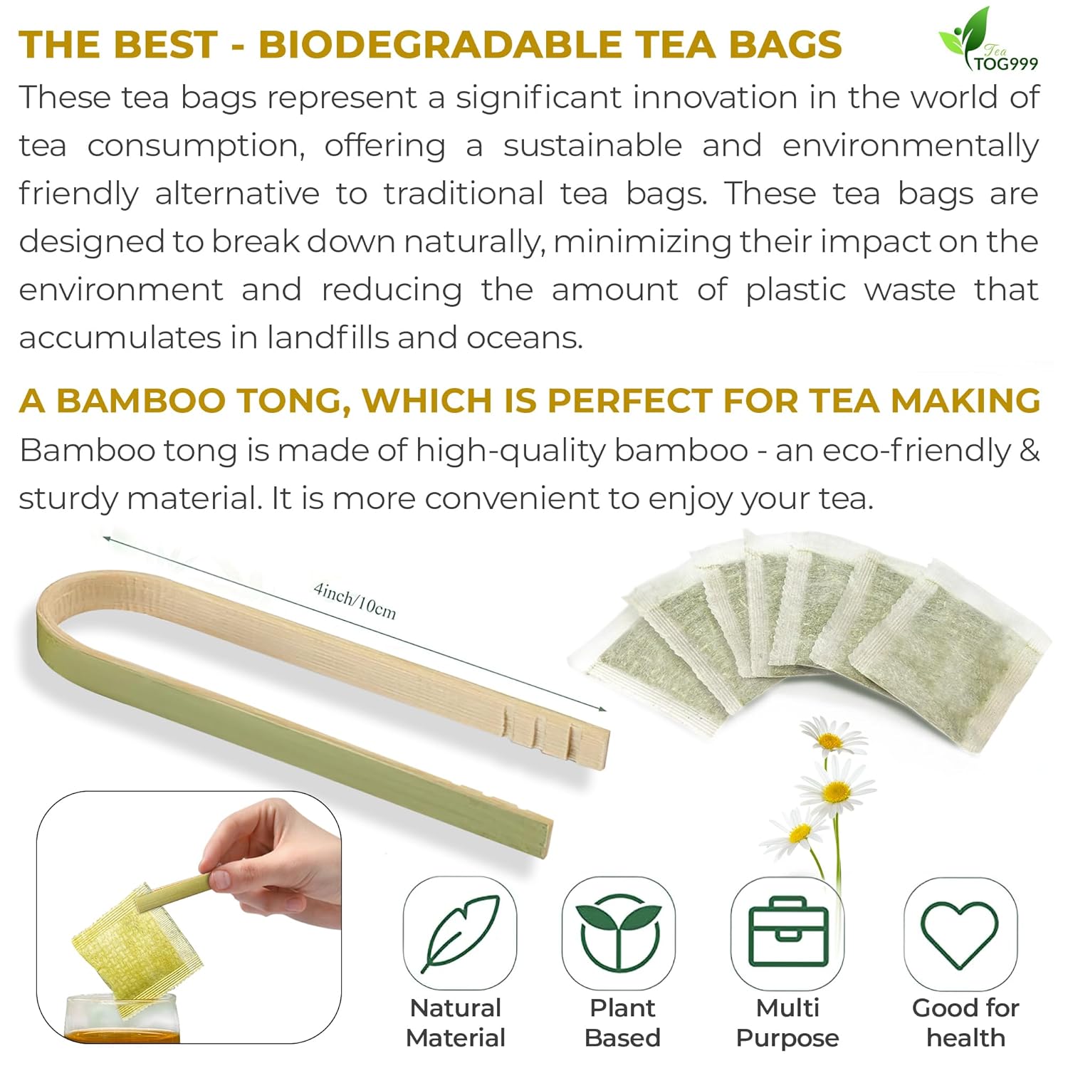 120 bolsas de té de flores de manzanilla natural, de té de hierbas de flores de manzanilla natural. Sin azúcar, sin cafeína, sin gluten, vegano.