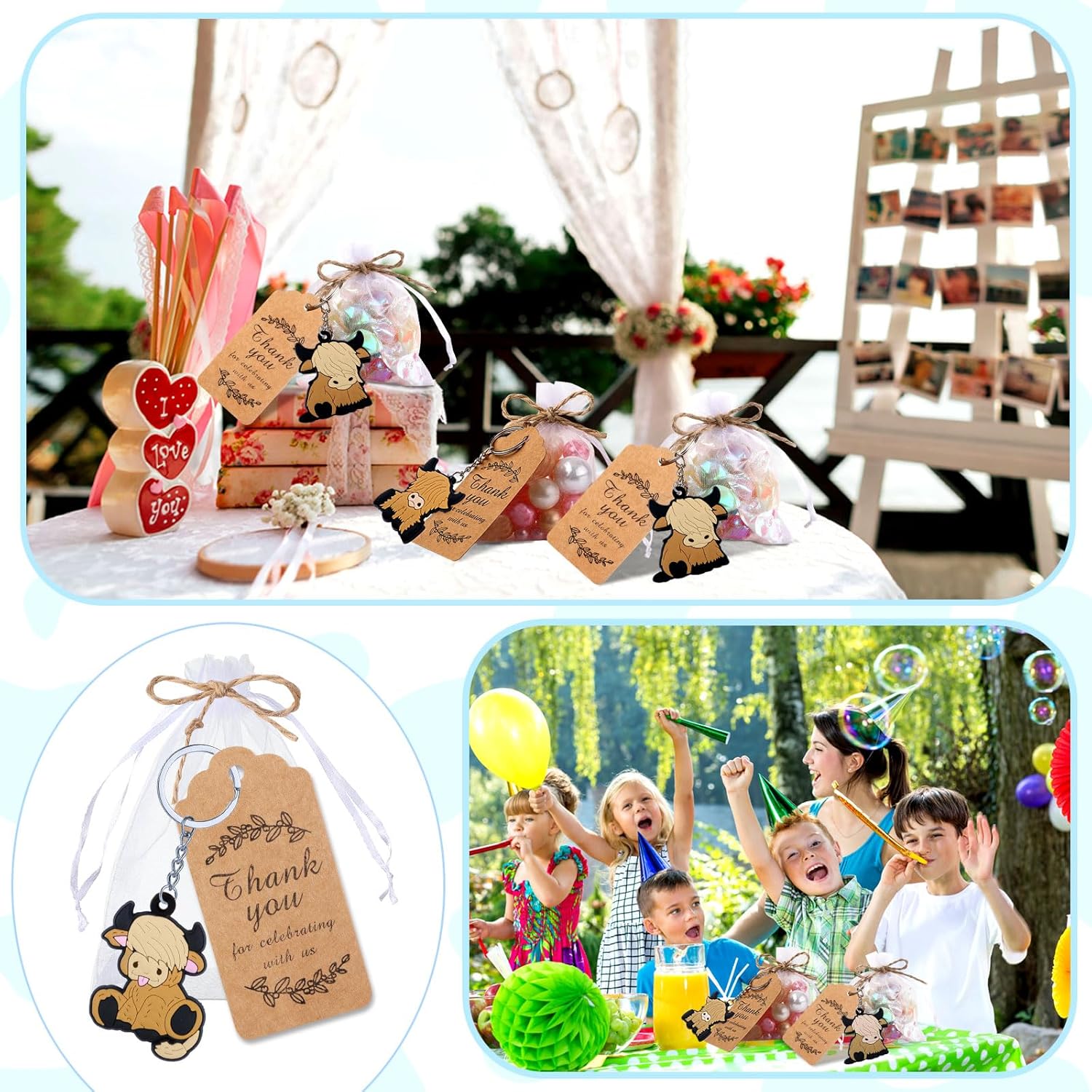 Kigeli 36 juegos de llaveros de fiesta de vaca de las tierras altas para niños con bolsas de organza, etiquetas de agradecimiento, regalos de