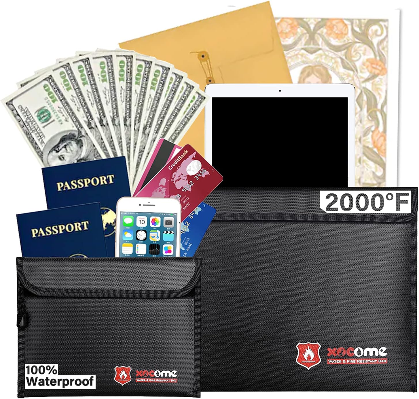 Bolsas de documentos ignífugas, (15 x 11 y 9 x 7 pulgadas), bolsa de dinero ignífuga que no pica, bolsa de cartera ignífuga, juego de bolsas