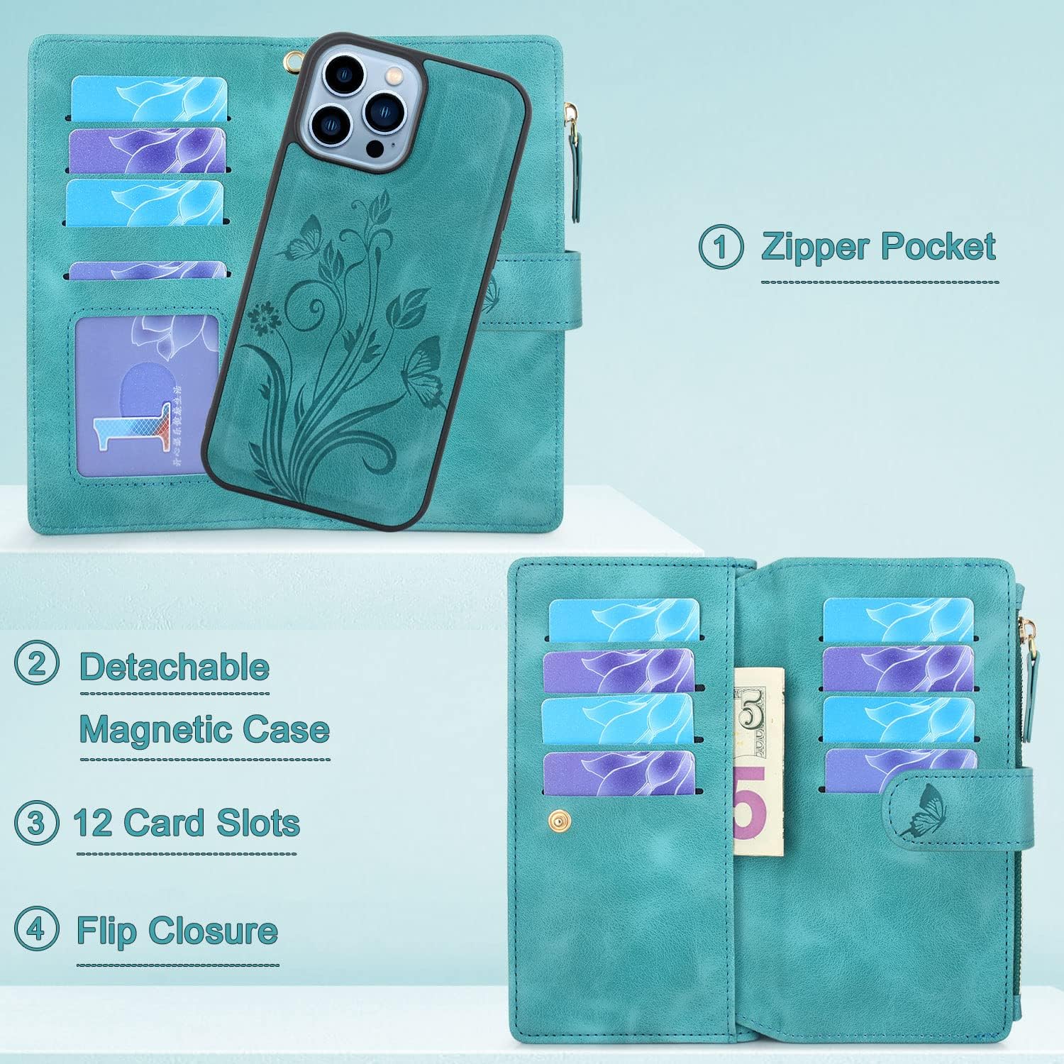 Lacass Funda compatible con iPhone 13 Pro Max de 6.7 pulgadas 2021 ranuras para tarjetas Soporte para dinero en efectivo para tarjetas de