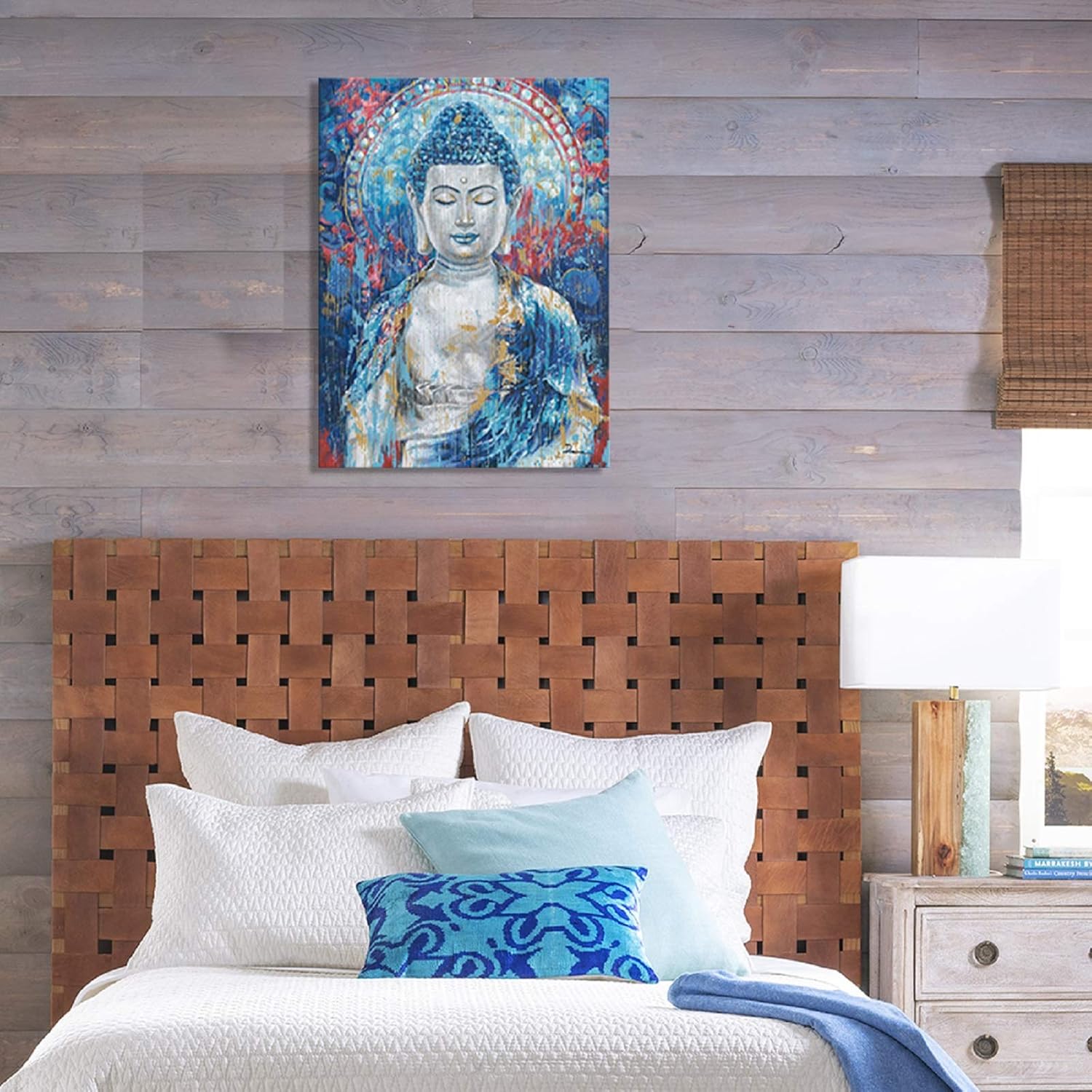ATELIYISHU Lienzo artístico de Buda para pared de sala de estar, arte de pared de Buda zen, impresiones de Buda verde azulado sobre lienzo giclée,
