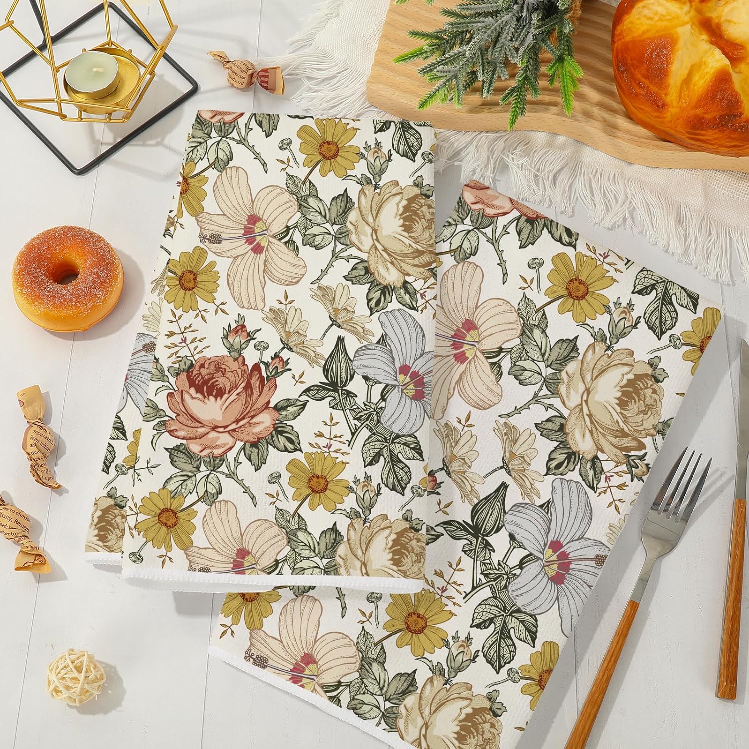 AnyDesign – Toalla de cocina floral vintage de 18 x 28 pulgadas, toalla de cocina retro con rosa y manzanilla ultra absorbente, toalla de té para