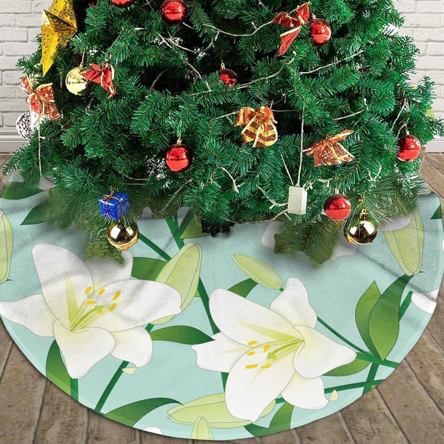 Giglio Bianco sul Fondo Della Menta Christmas Tree Skirt 30″ Xmas Tree Skirt Christmas Tree Decorations Christmas Decorations for Tree Indoor Soft