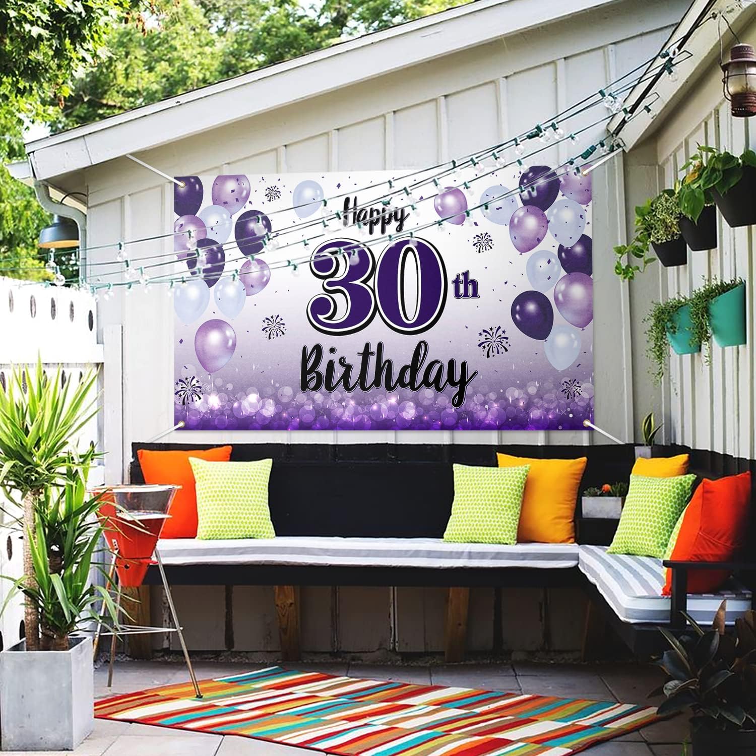 Cartel grande morado de feliz cumpleaños 30  Saludos a los 30 años de edad, telón de fondo fotoprop de pared para el hogar, decoraciones de fiesta