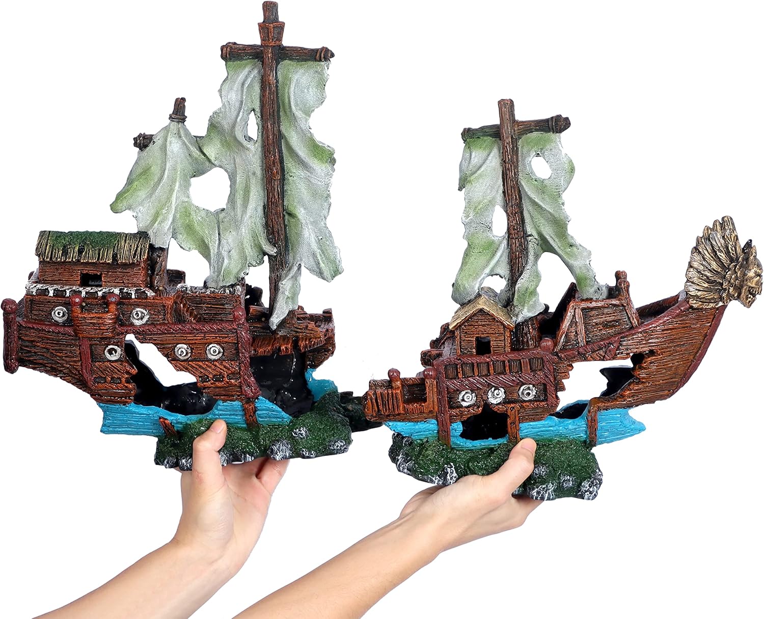 Adorno de acuario de naufragio grande con vela (2 piezas) de 20 galones de alto y más grande, adornos de decoración de barco hundido, barco pirata,