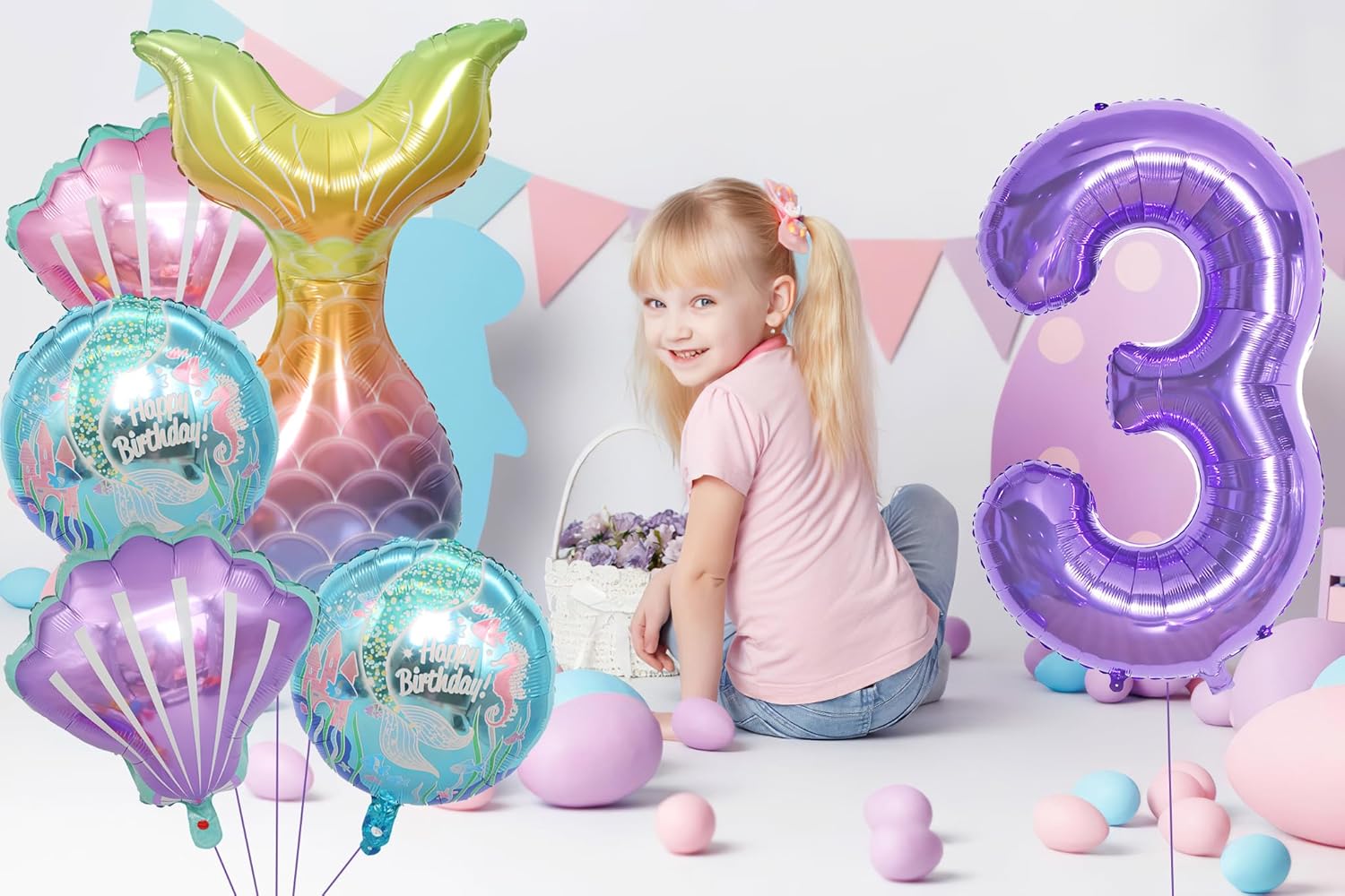 Decoraciones de fiesta de cumpleaños de sirena, suministros de fiesta de cumpleaños de sirena, incluye cola de sirena y globos morados del número 3
