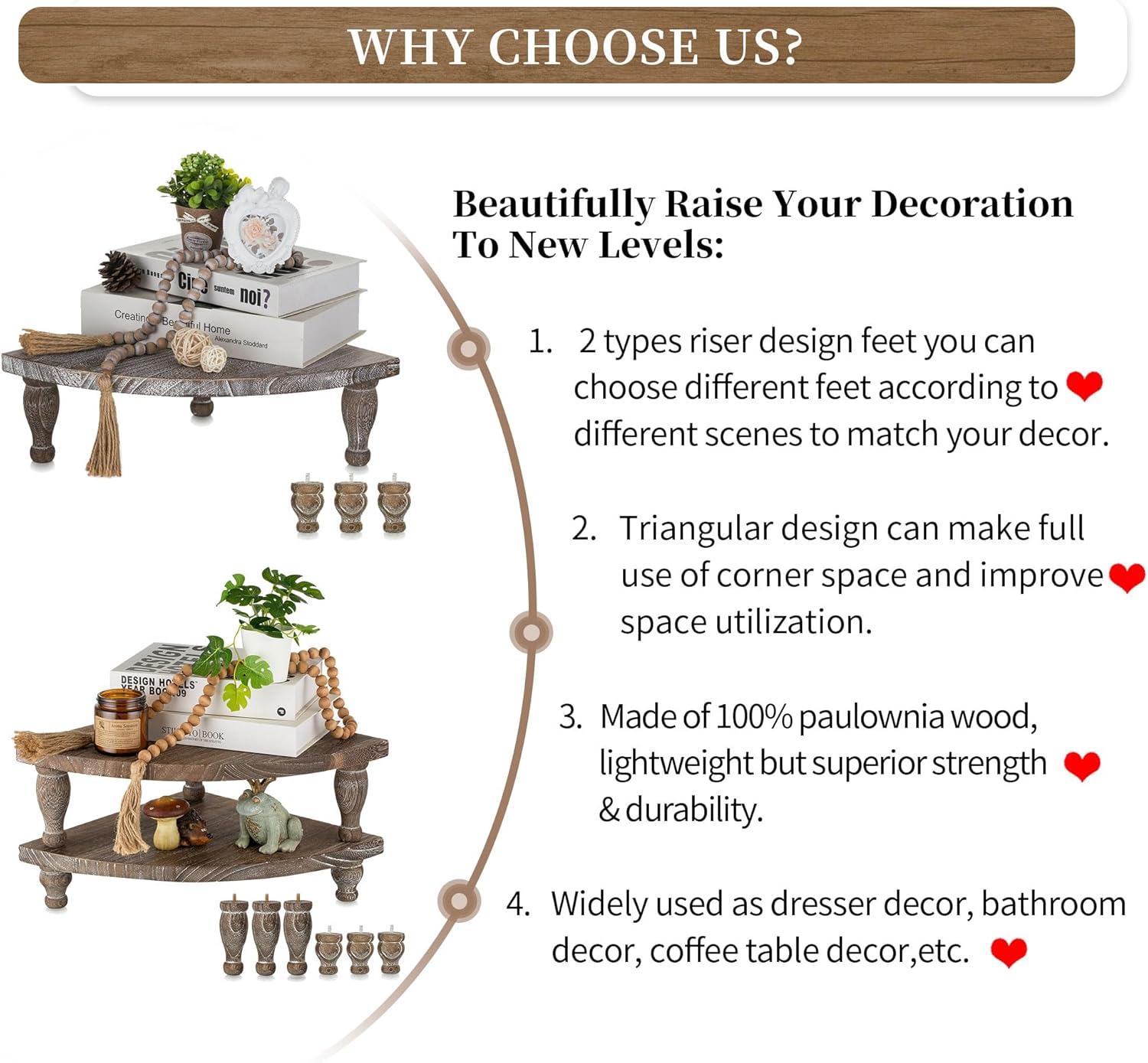 Hanobe Elevador de madera para mostrador de esquina bandeja decorativa rústica, juego de 2 soportes de pedestal de madera para exhibición, bandejas