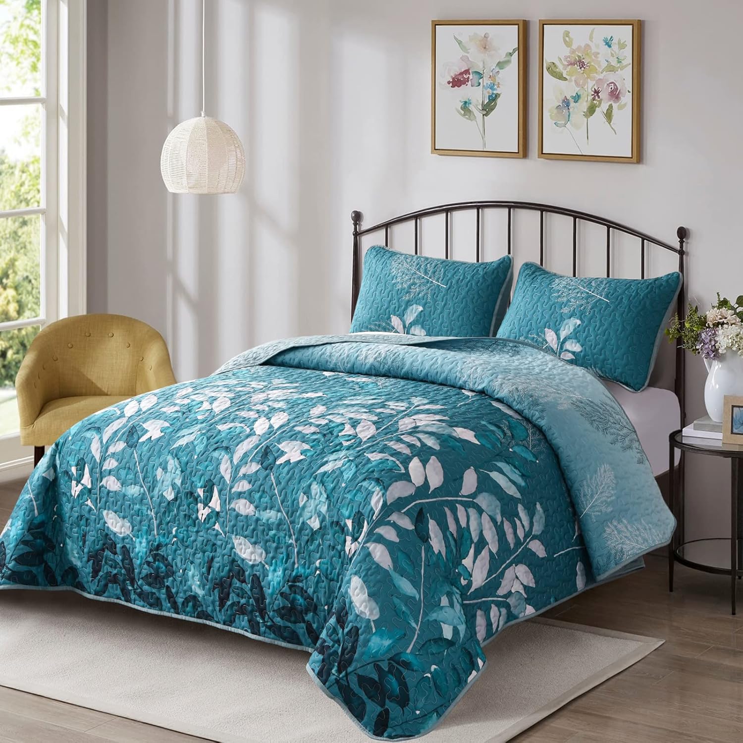 WONGS BEDDING Juego de edredón California King, juego de colcha de 3 piezas con hojas botánicas florales verde azulado con 2 fundas de almohada para