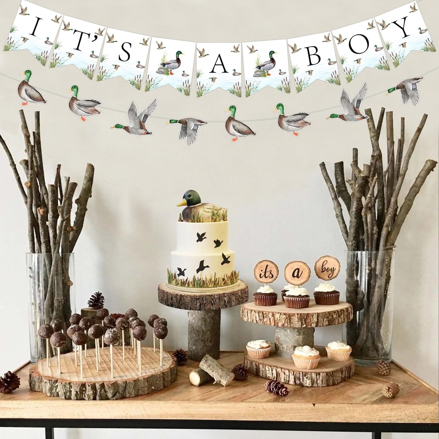 Decoración de pancarta para baby shower con temática de pato de ánade mallardo, guirnalda rústica, juego de banderines para celebración de embarazo,