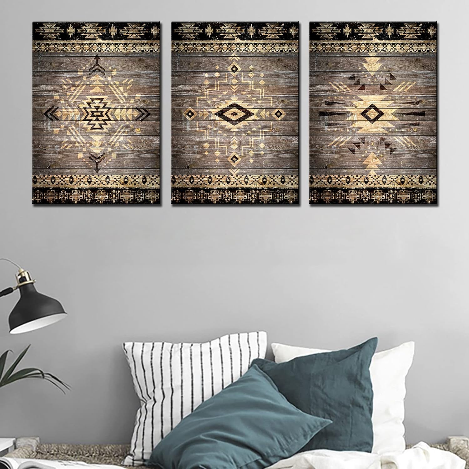 Cuadros de pared para sala de estar, pinturas indias tribales mexicanas aztecas, 3 paneles, lienzo de madera, arte de pared retro de cultura
