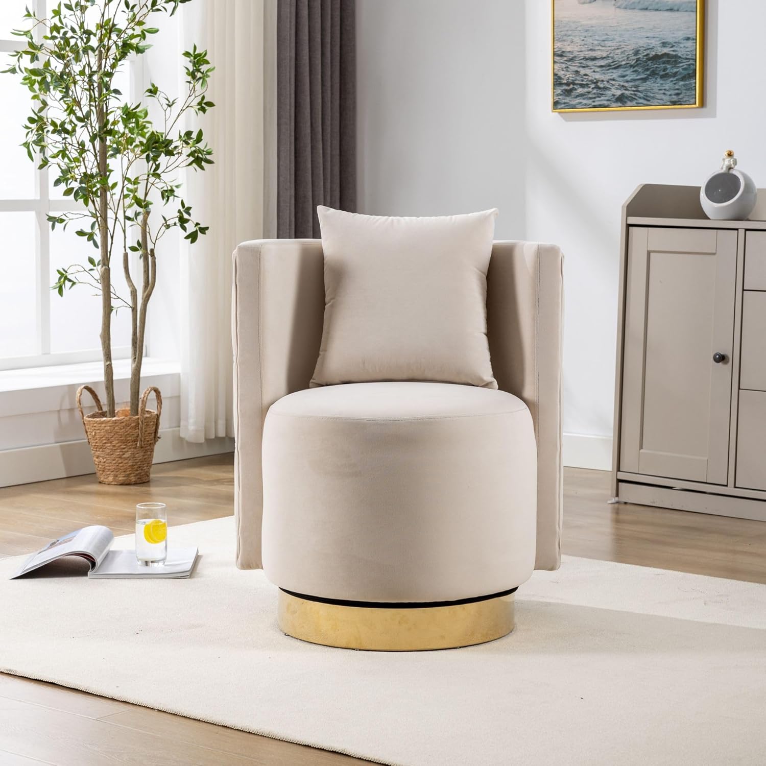 IANIYA Silla giratoria de barril de acento cómodas sillas de sala de estar y sillas decorativas para sala de estar (acolchado, beige)