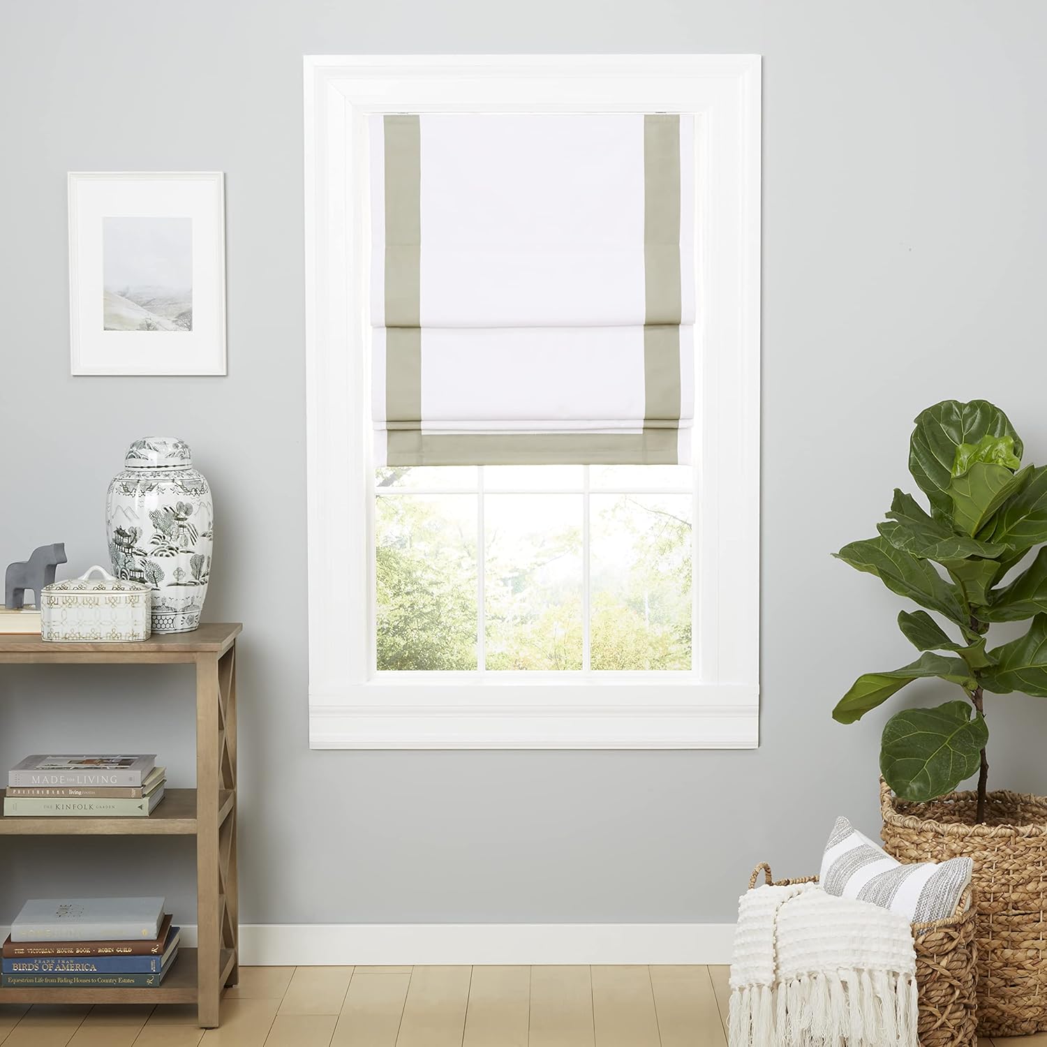 Exclusive Home Frontera – Persiana romana 100% opaca, 34 x 64 pulgadas, color blancogris