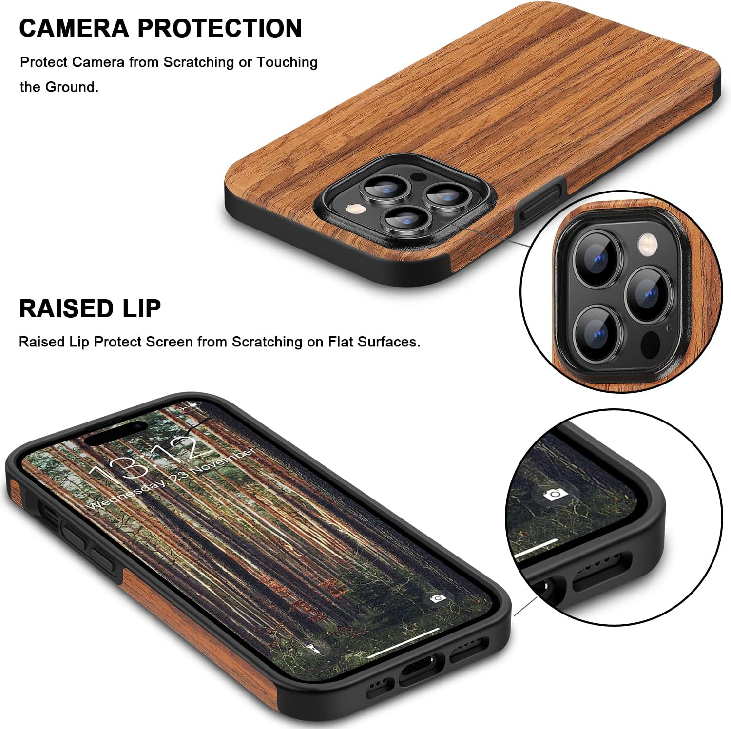 TENDLIN Compatible con iPhone 14 Pro, diseño exterior de grano de madera, funda híbrida de TPU (sándalo rojo)