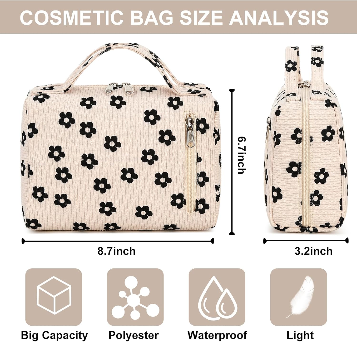 Bluboon Bolsa de maquillaje con cremallera, bolsa de viaje portátil para cosméticos para mujeres y niñas, Florete de pana, Flowerrs