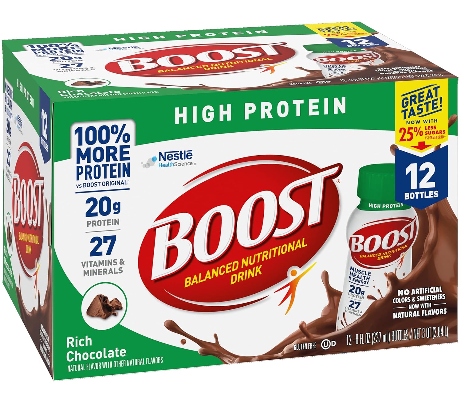 Boost Bebida rica en proteínas de chocolate, 8 onzas líquidas, 12 por paquete, 2 paquetes por caja.