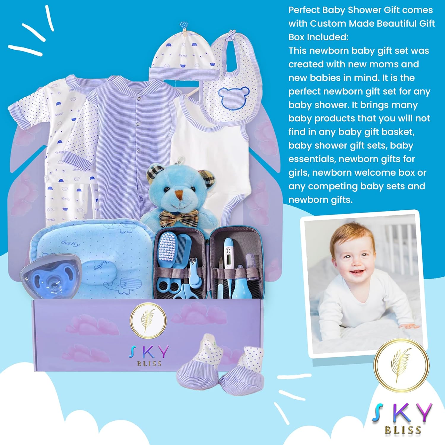 Set de regalo para bebé de 20 piezas (azul), juego de regalo para bebé recién nacido, ropa de bebé, oso de peluche, chupete, kit de aseo para bebé,
