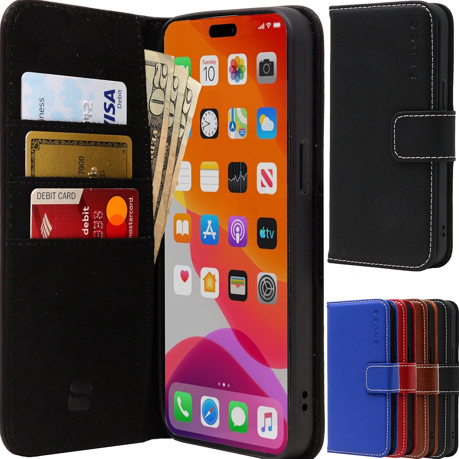 Snugg Funda tipo cartera para iPhone 15 Pro  Funda plegable con 3 ranuras para tarjetas, cierre magnético y función de soporte para teléfono  Funda