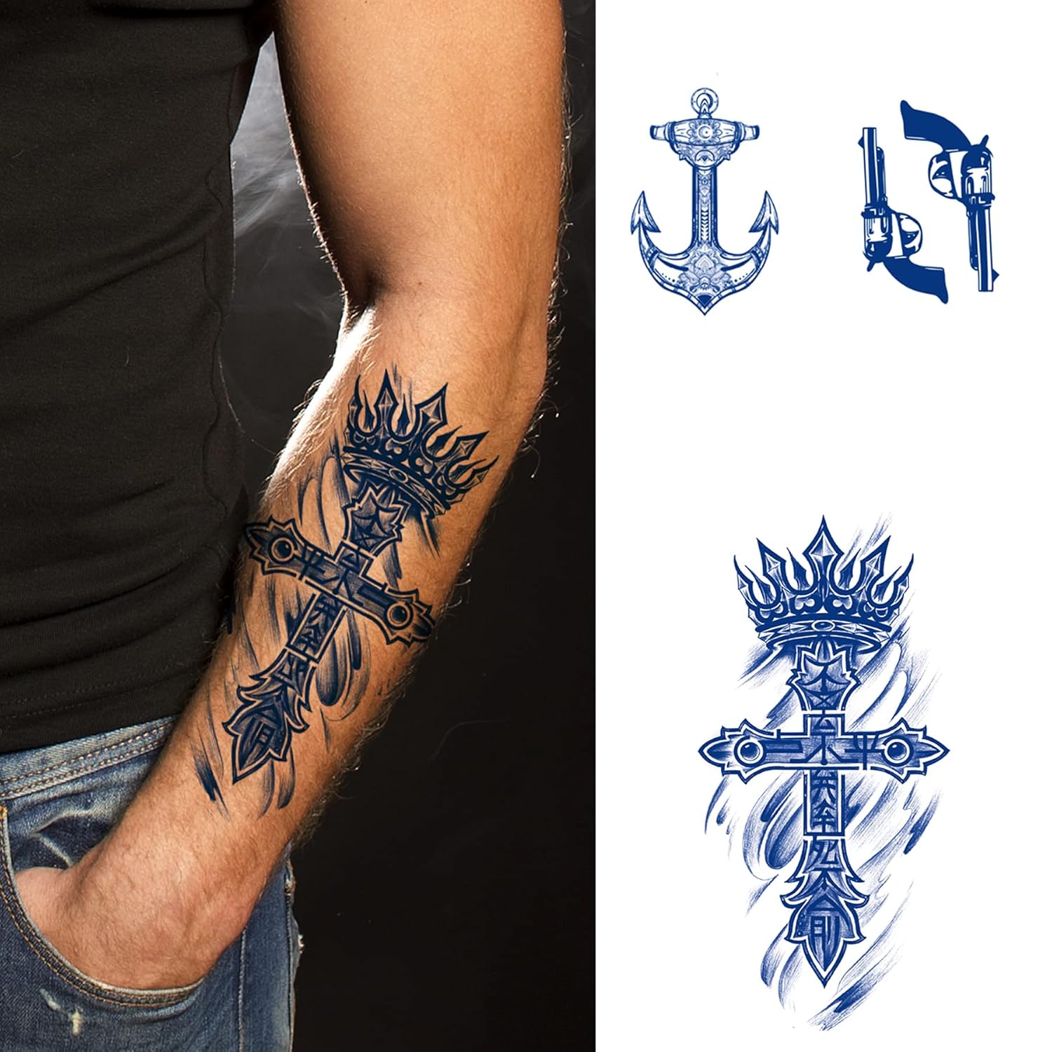 PADOUN Tatuajes temporales de espada de caballero cruz, 12 hojas de calcomanías impermeables semipermanentes, de larga duración para 1-2 semanas,