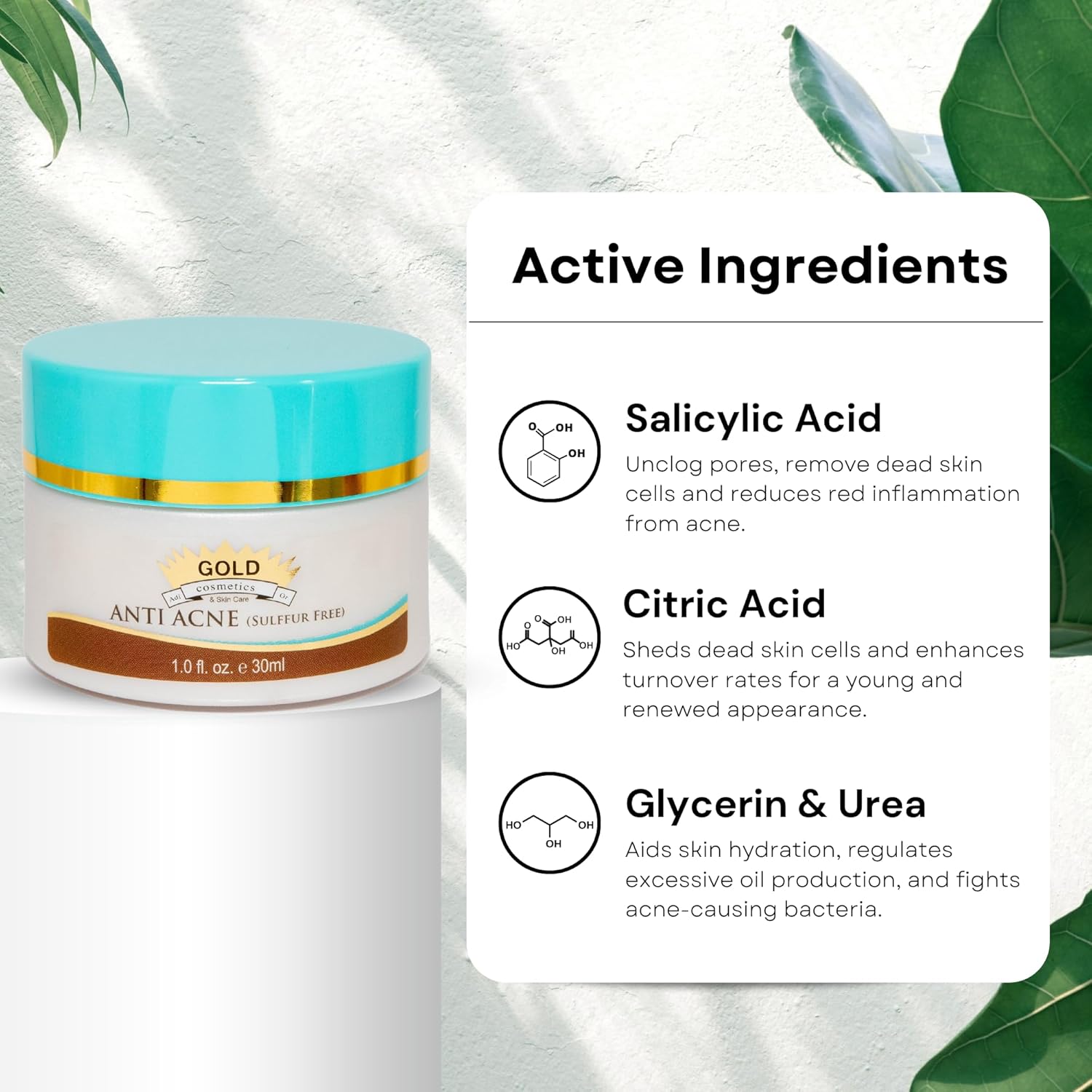 Gold Cosmetics Crema antiacné, cuidado de la piel, sin azufre, prevención de cicatrices, para piel brillante, tarro de 1.0 fl oz (sin azufre, 1.0 fl