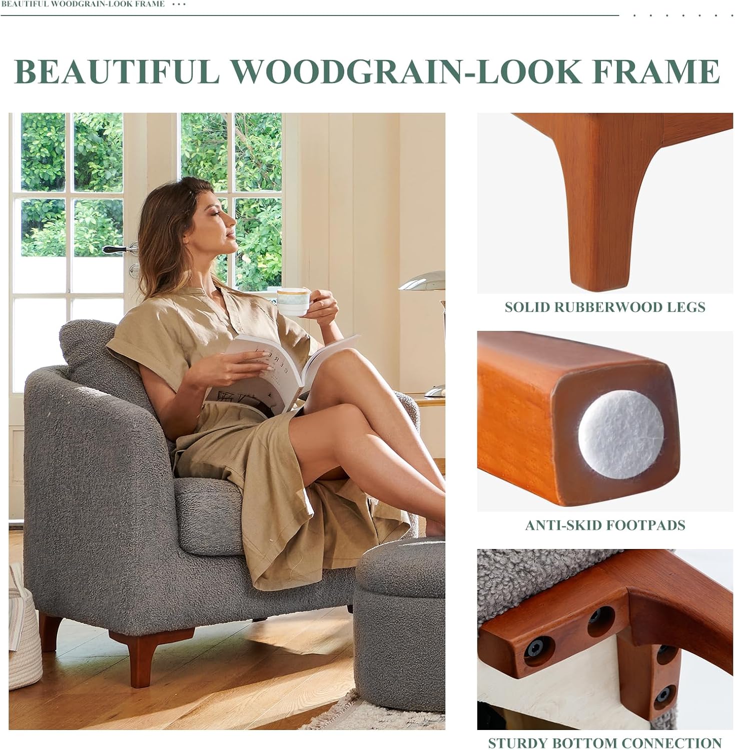 COLAMY Juego de silla decorativa Sherpa y otomana de almacenamiento, moderno tapizado de tela para sala de estar, sillón con almohada trasera y
