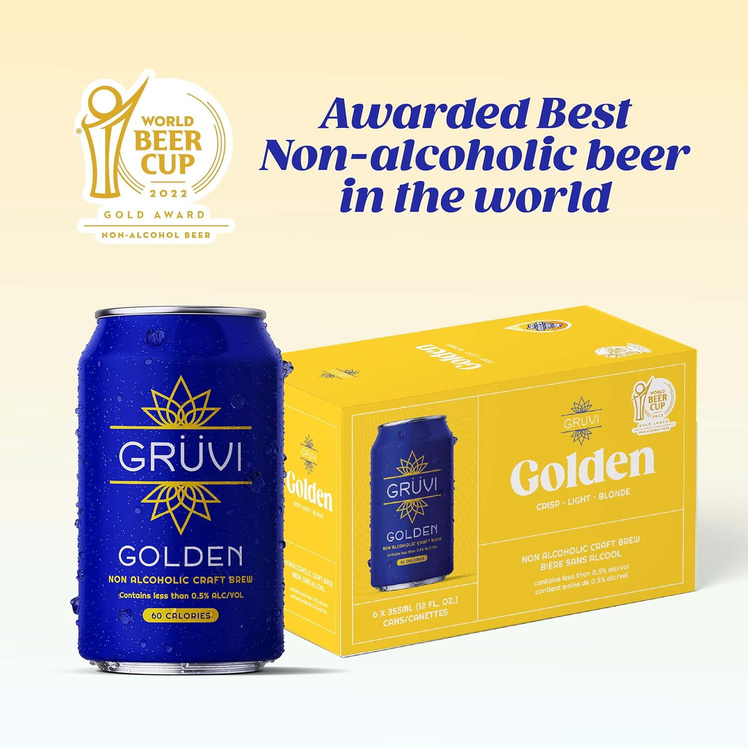 Gruvi Golden Lager – Cerveza artesanal sin alcohol, 60 calorías, contiene menos de 0.5% de alcohol por volumen, 12 onzas líquidas por lata, paquete