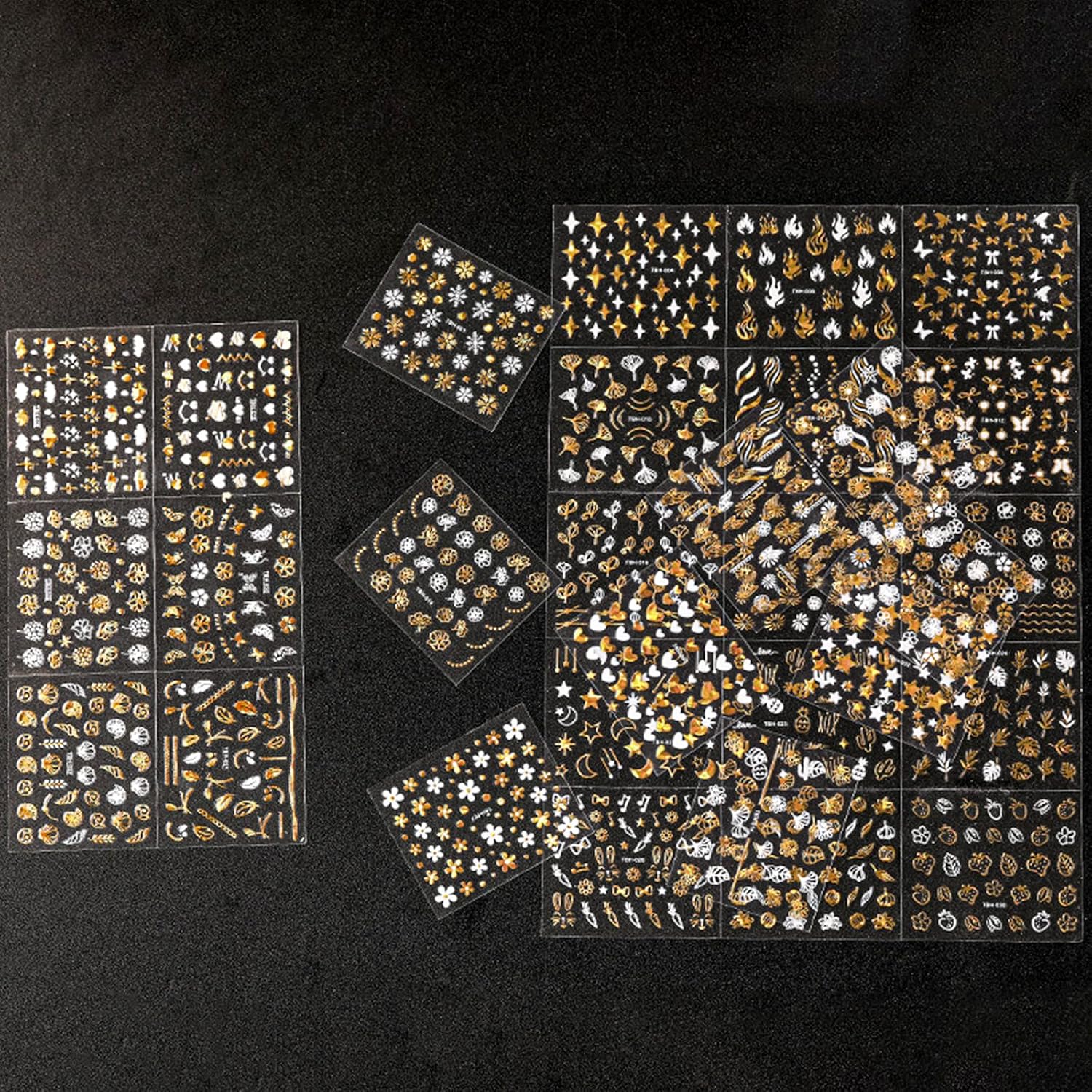 30 hojas de calcomanías doradas para arte de uñas, flores doradas, hojas de mariposas, suministros de arte de uñas, suministros de arte de uñas,