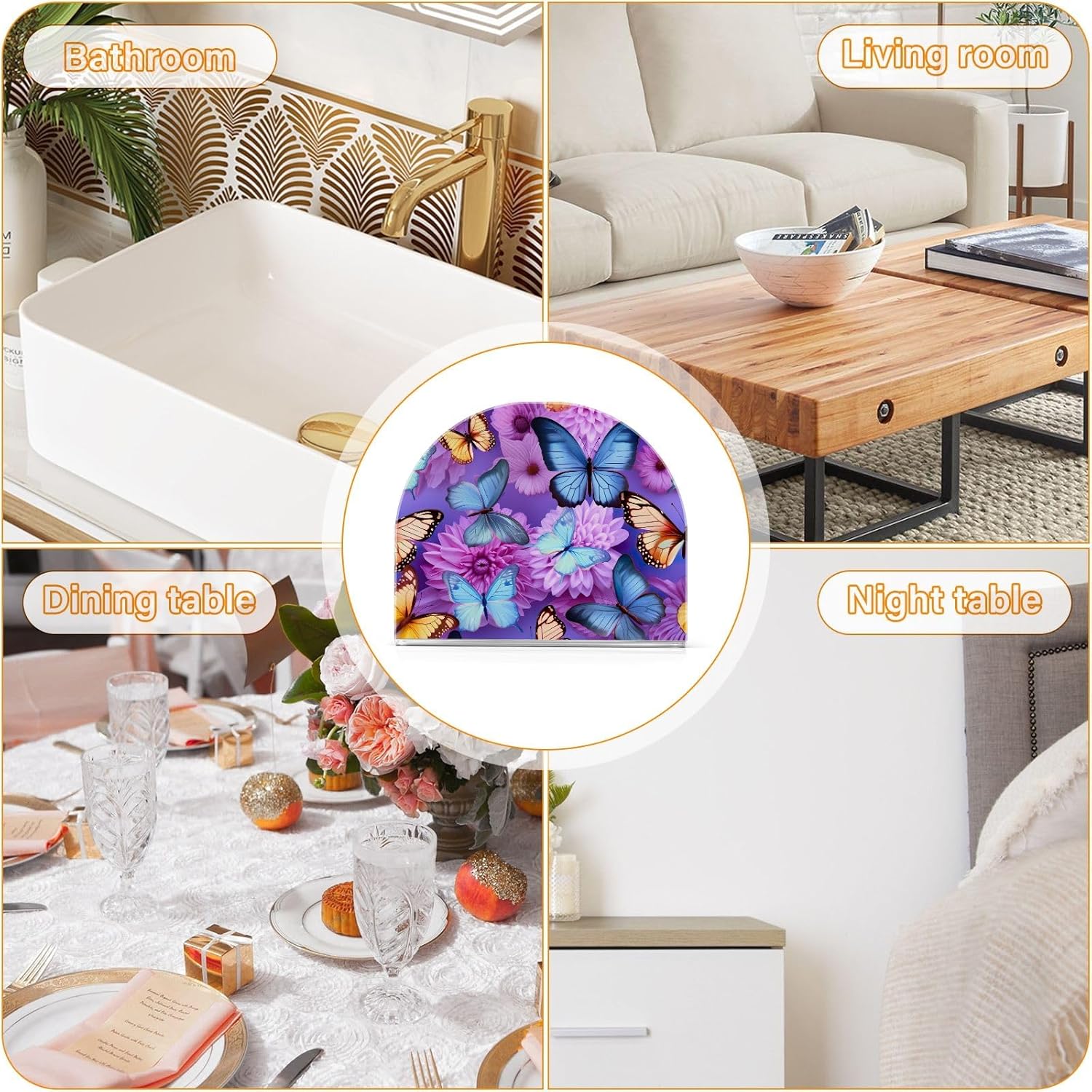 Dispensador de servilletas de flores moradas con mariposas, soporte de acrílico para servilletas de cóctel para mesas, servilleta de pie para cena,