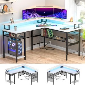 Unikito Escritorio reversible en forma de L, escritorio de esquina de 55 pulgadas con tira de luz inteligente y toma de corriente mágica, elegante Unikito Escritorio reversible en forma de L, escritorio de esquina de 55 pulgadas con tira de luz inteligente y toma de corriente mágica, elegante