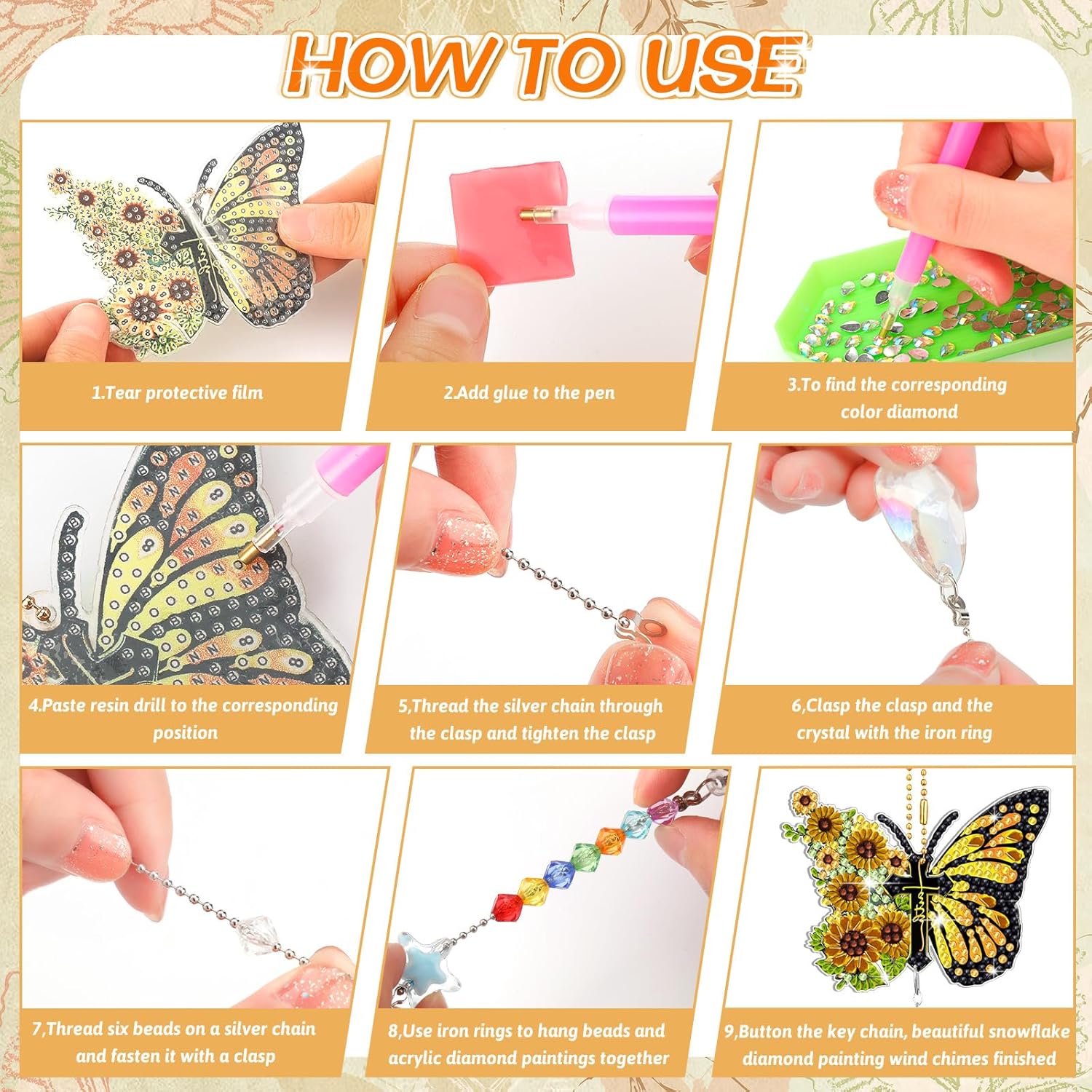 Tradder Juego de 6 piezas de pintura de diamante, carillones de viento, adornos de mariposa de doble cara con colgante de cristal, arte de diamantes