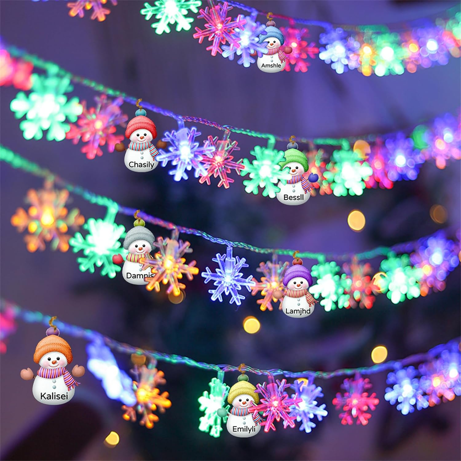 Guirnalda de luces de Navidad personalizadas con nombre, muñeco de nieve personalizado, guirnalda de luces familiares de muñeco de nieve colorido,