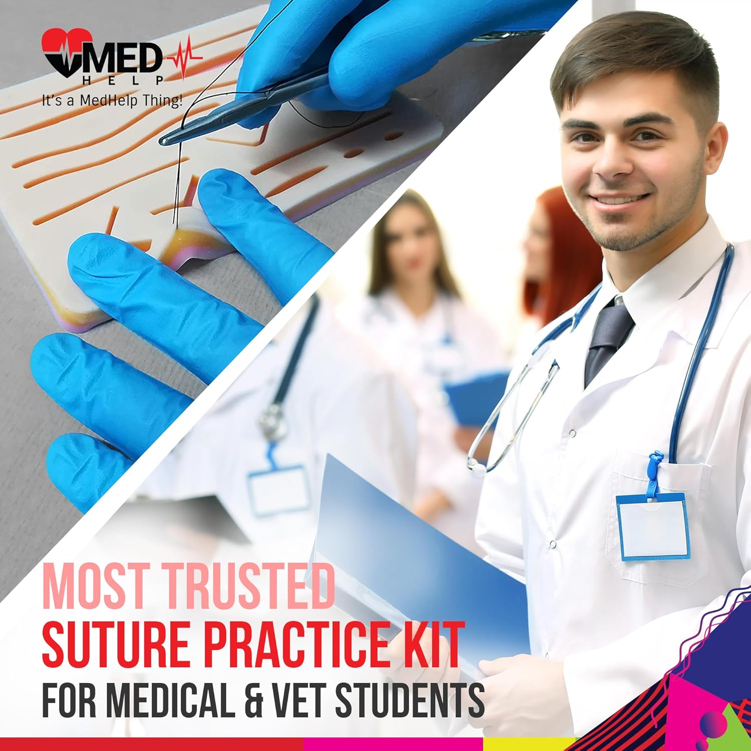 MedHelp Kit de sutura de 50 piezas para estudiantes de medicina de práctica – Kit completo de práctica de sutura para entrenamiento quirúrgico