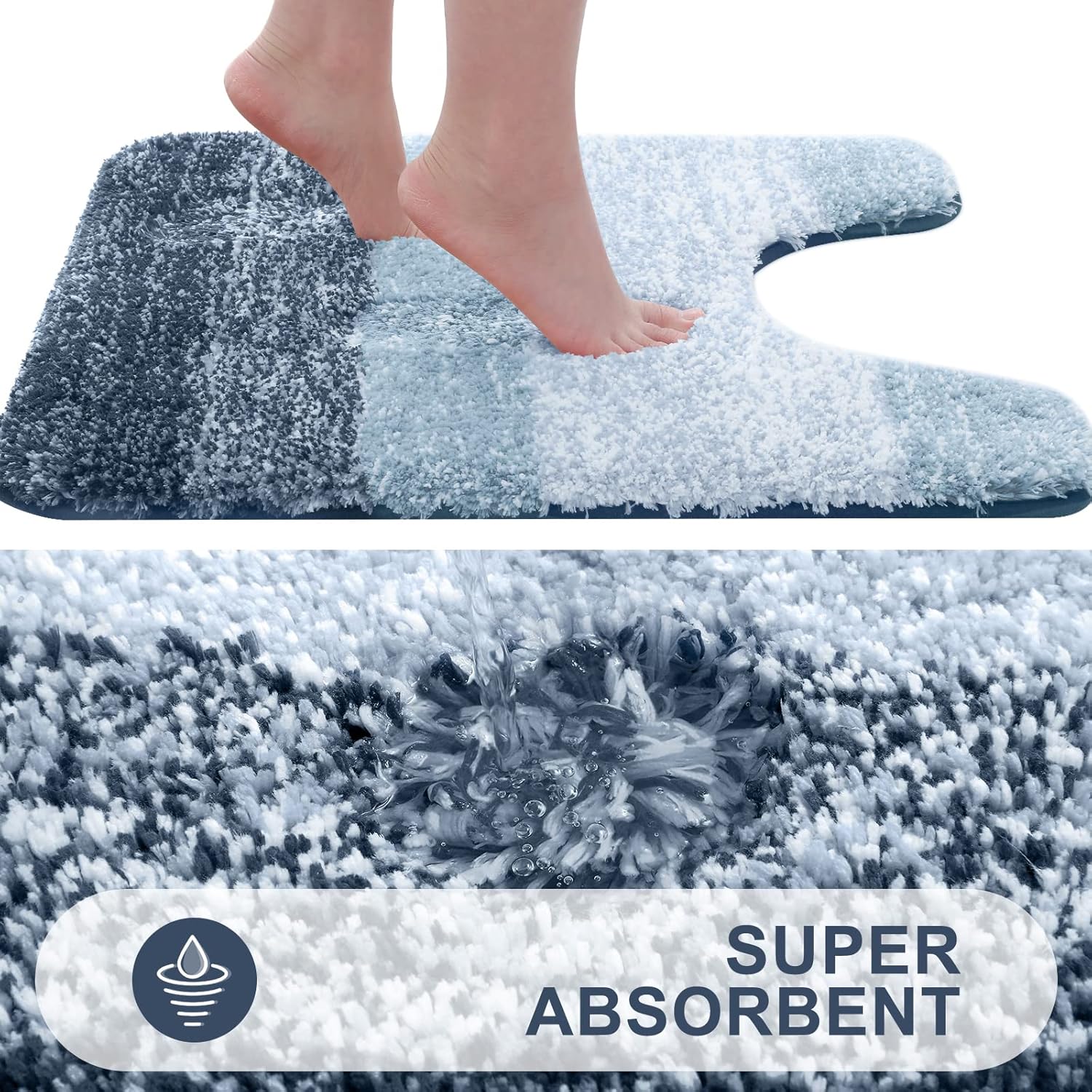 OLANLY Alfombra de baño y aseo en forma de U, tamaño 24 x 20 pulgadas, juego de alfombras de baño de 30 x 20 + 24 x 16 pulgadas, color azul marino,