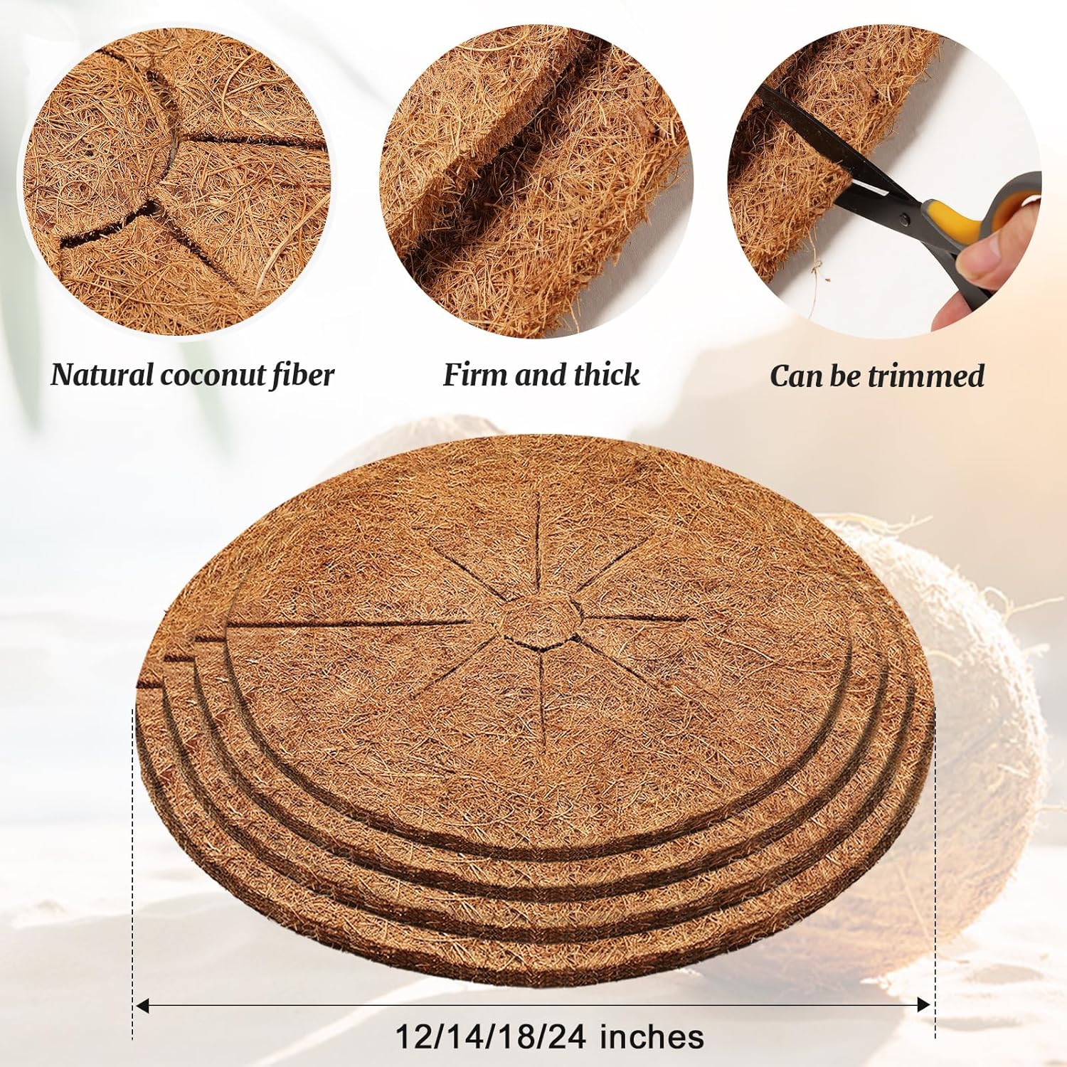 3 tapetes protectores de árboles de fibra de coco, cubierta de suelo para plantas de interior y exterior, cobertura de fibra de coco de 12 pulgadas