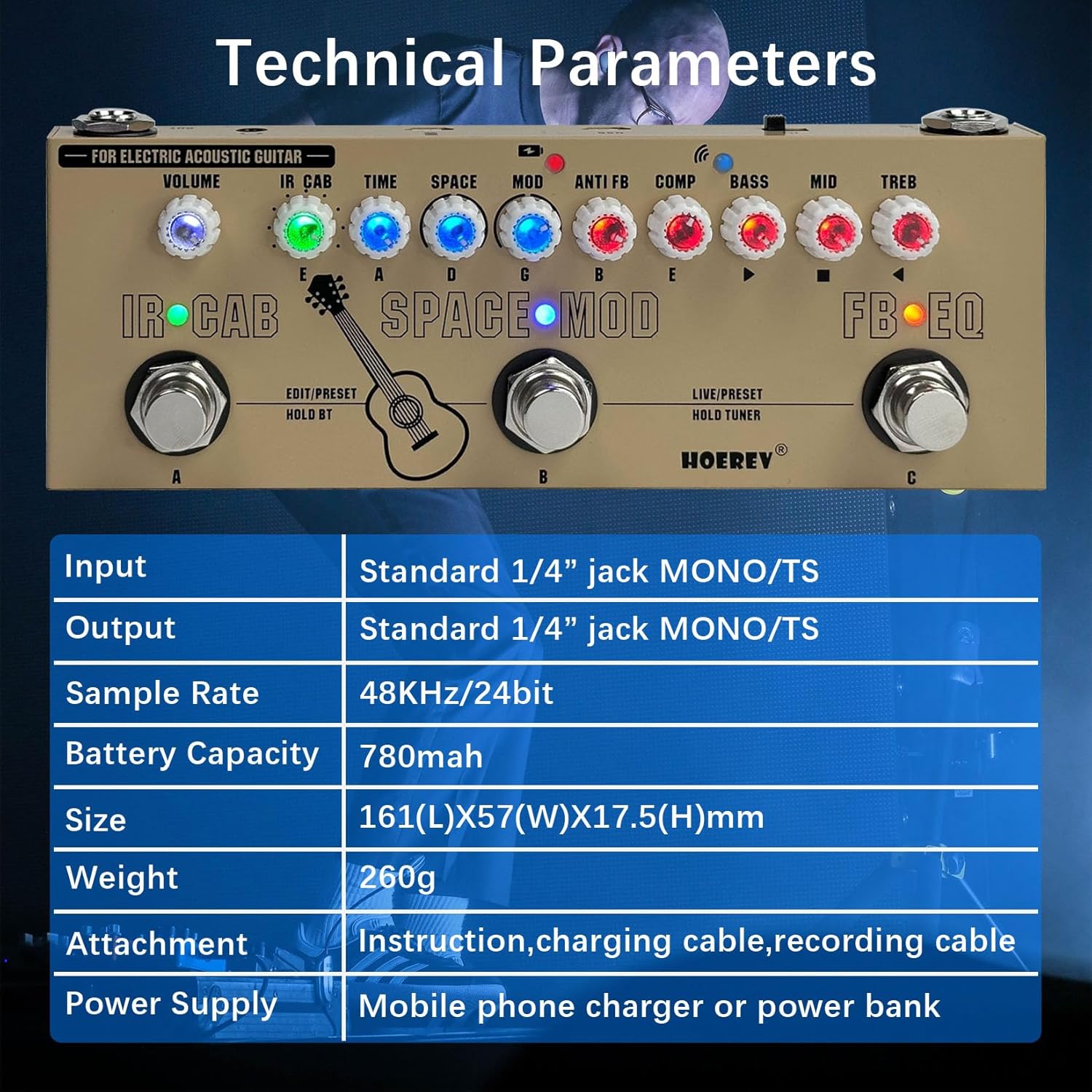 HOEREV Pedal de guitarra multiefectos, retardo, fase de reverberación, coro, distorsión, sintonizador de sobremarcha, pedal de efectos múltiples