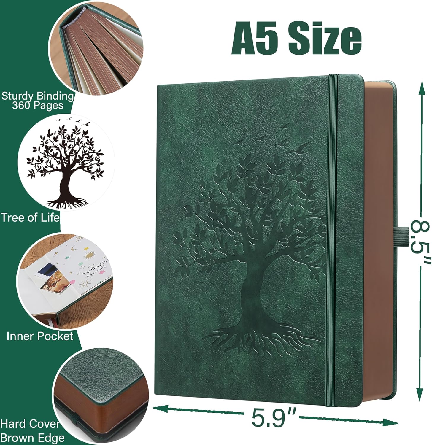 ZXHQ Cuadernos A5 de 360 páginas rayadas con bolígrafo, diarios para mujeres y hombres, cuaderno de escritura, diseño de árbol de la vida, bolsillo