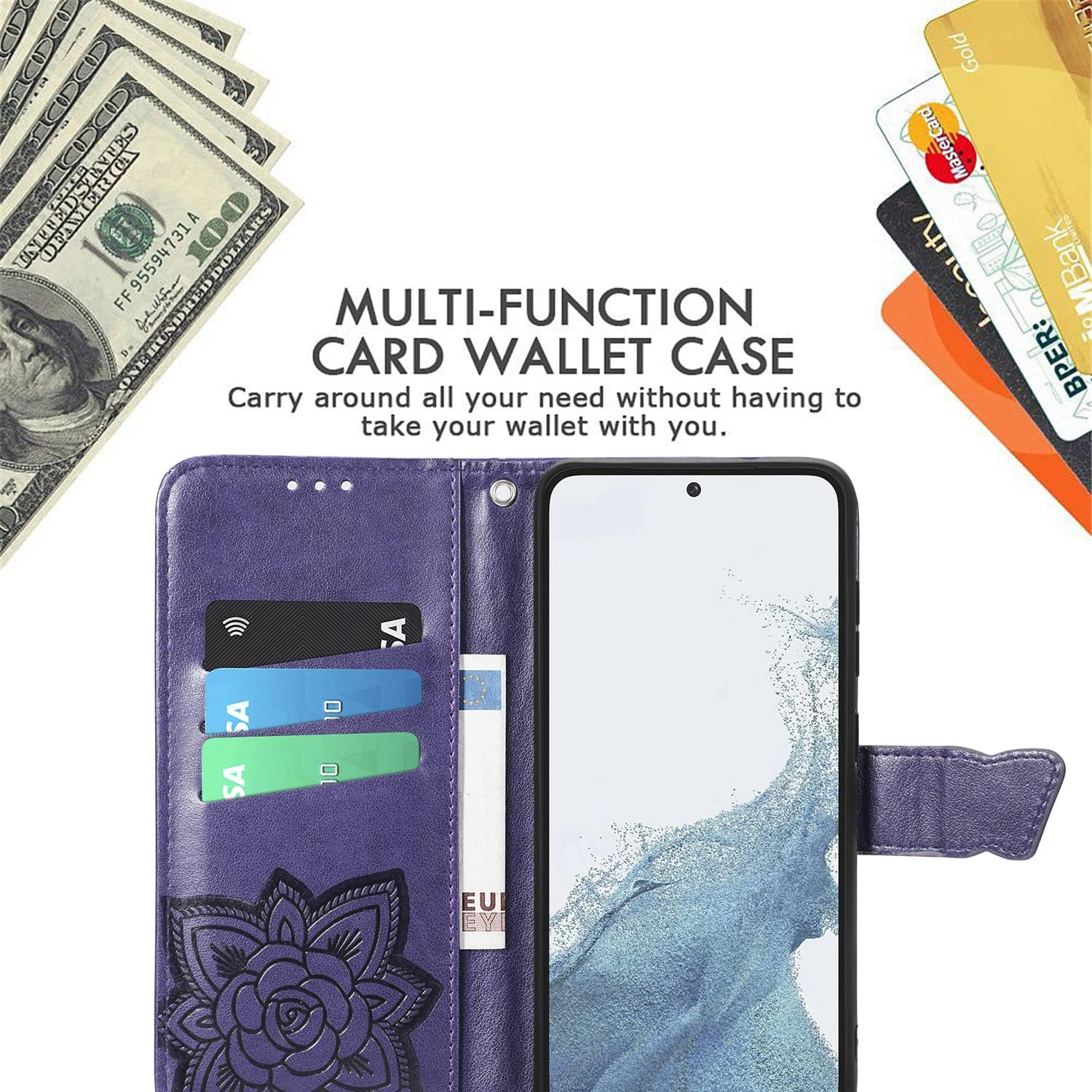 Funda tipo cartera para Galaxy S23 5G, con estampado de mariposas y flores, de piel sintética, con ranuras para tarjetas y función atril para