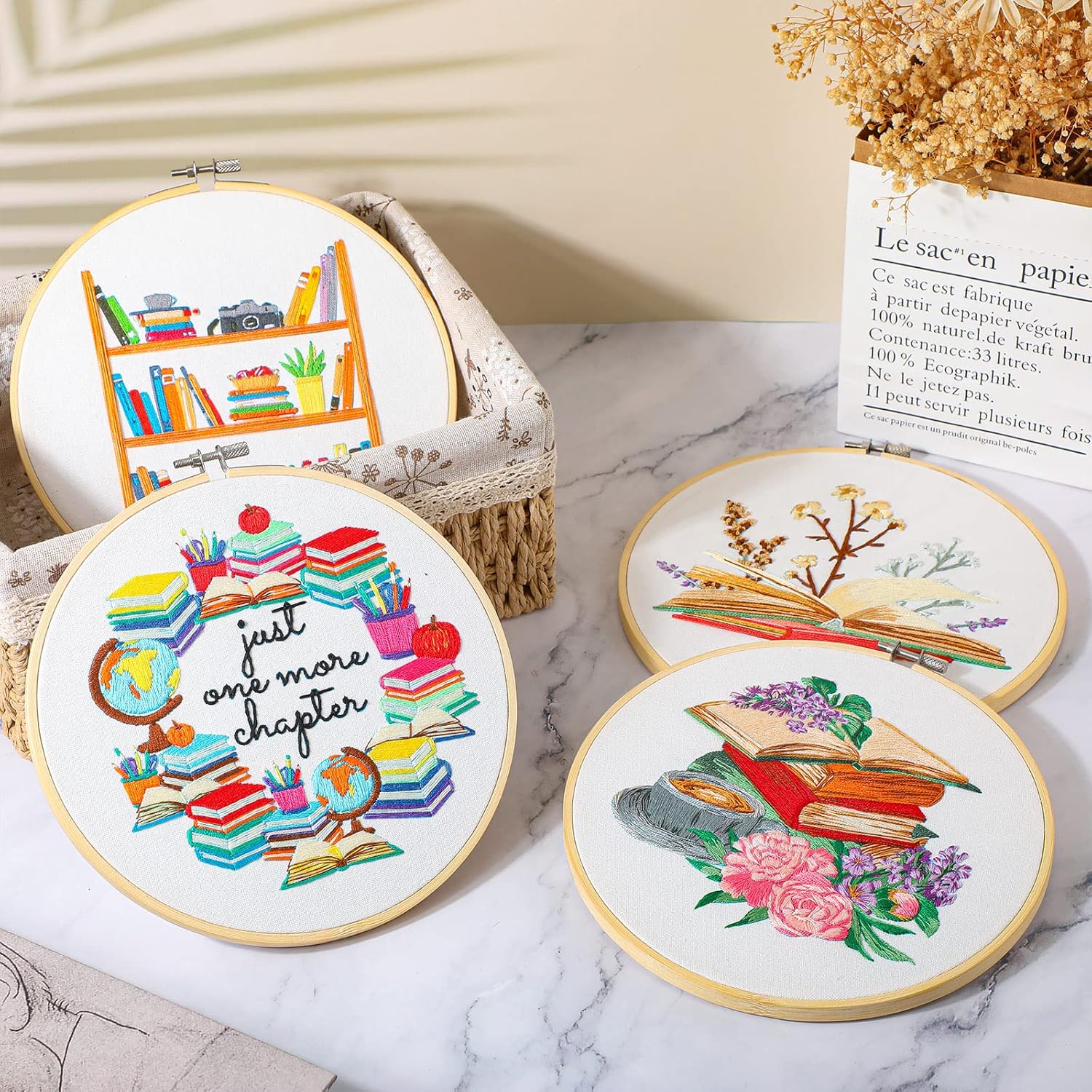 Kit de bordado de punto de cruz para principiantes y adultos, kit de bordado para amantes de los libros, kit de punto de aguja con patrones de