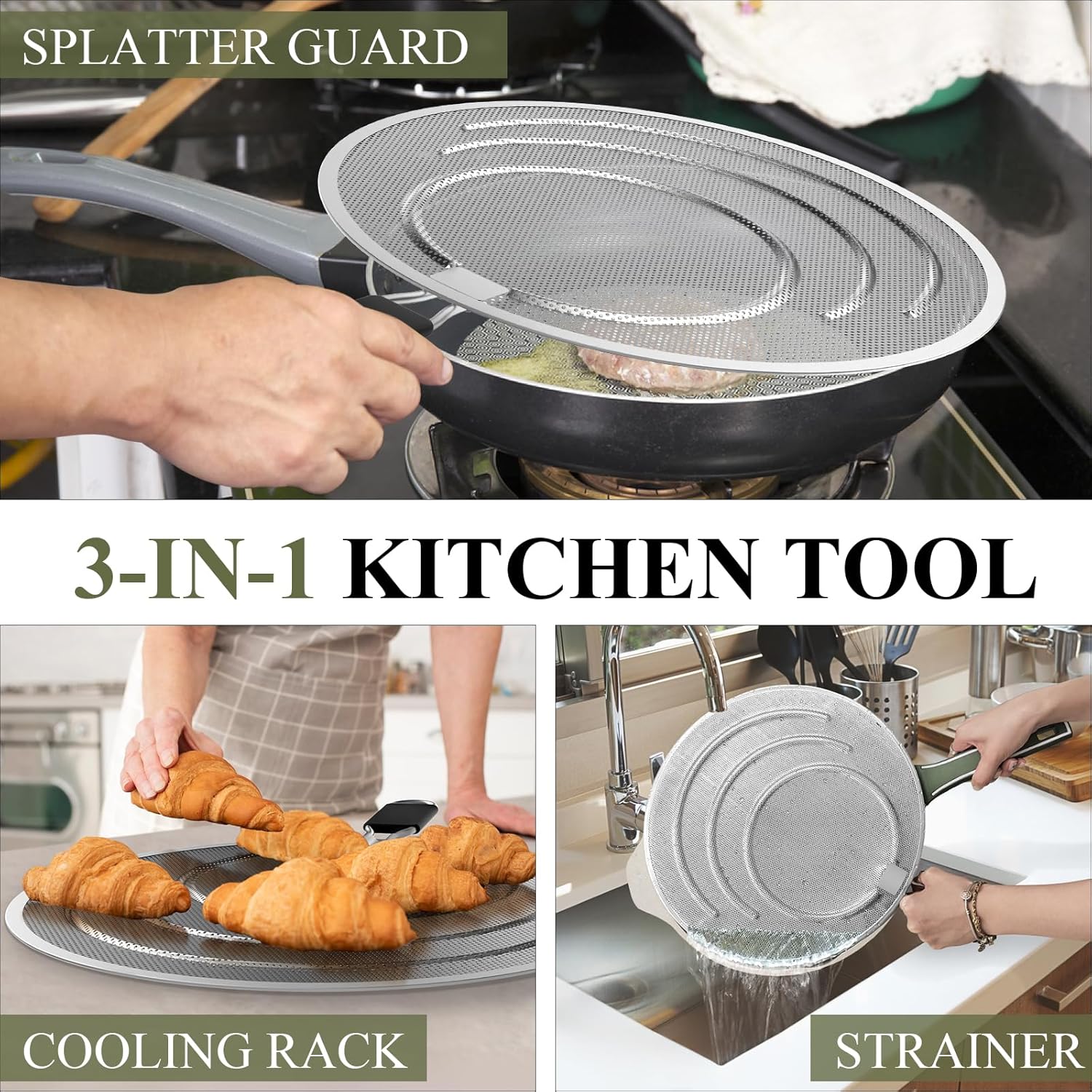 INYOU Pantalla contra salpicaduras para sartén de 13.4 pulgadas, pantalla de salpicaduras de grasa de acero inoxidable para cocinar, resistente al